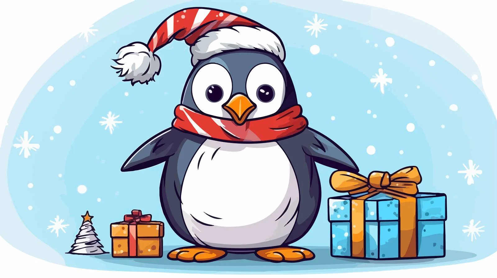 Cheerful Penguin with Christmas Present — free download from Dotvec