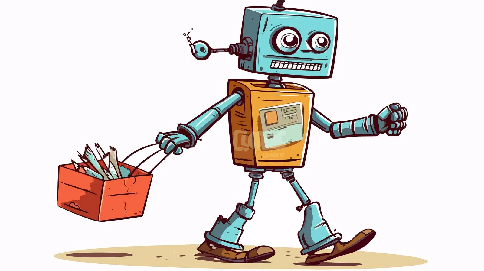 Retro Cartoon Confused Robot Carrying Shopping — free download from Dotvec