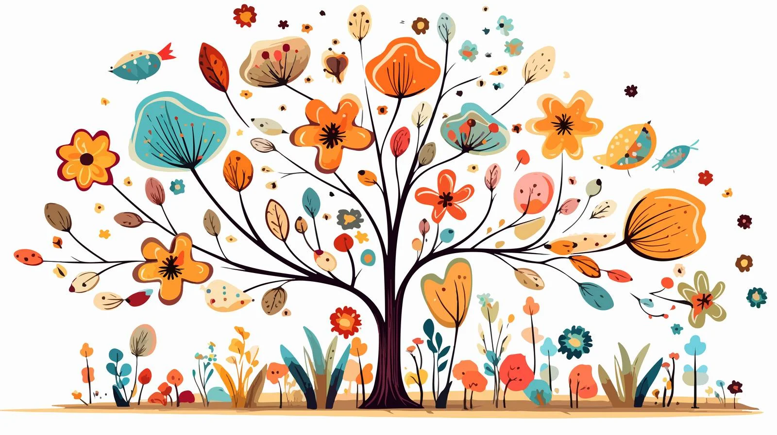 Retro Cartoon Tree with Flowers — free download from Dotvec