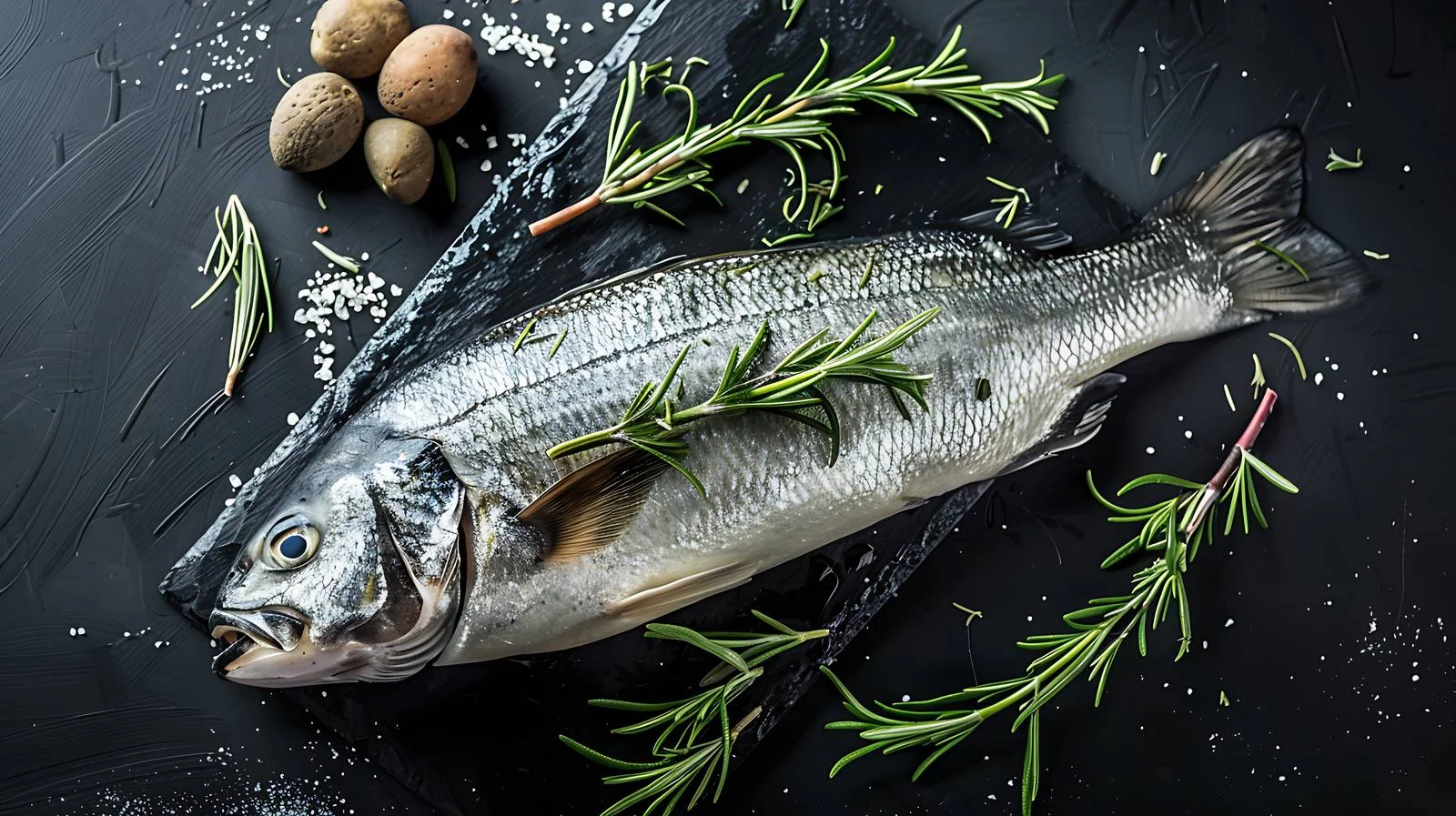 Fresh Seabass Fish on Black Table — free download from Dotvec