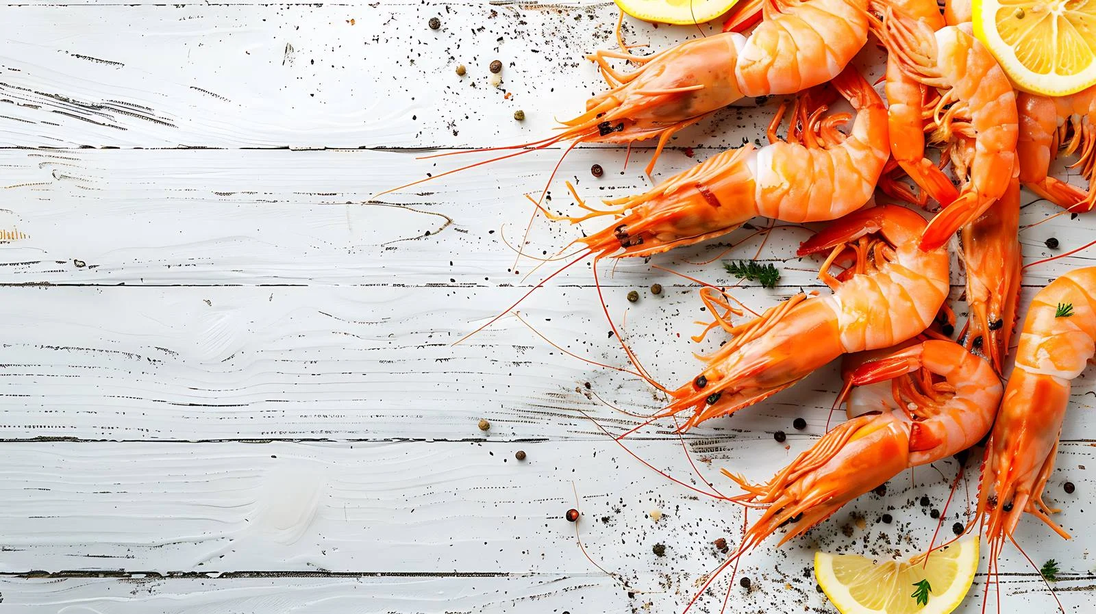 Fresh Shrimps on Wooden Background with Lemon Slice — free download from Dotvec