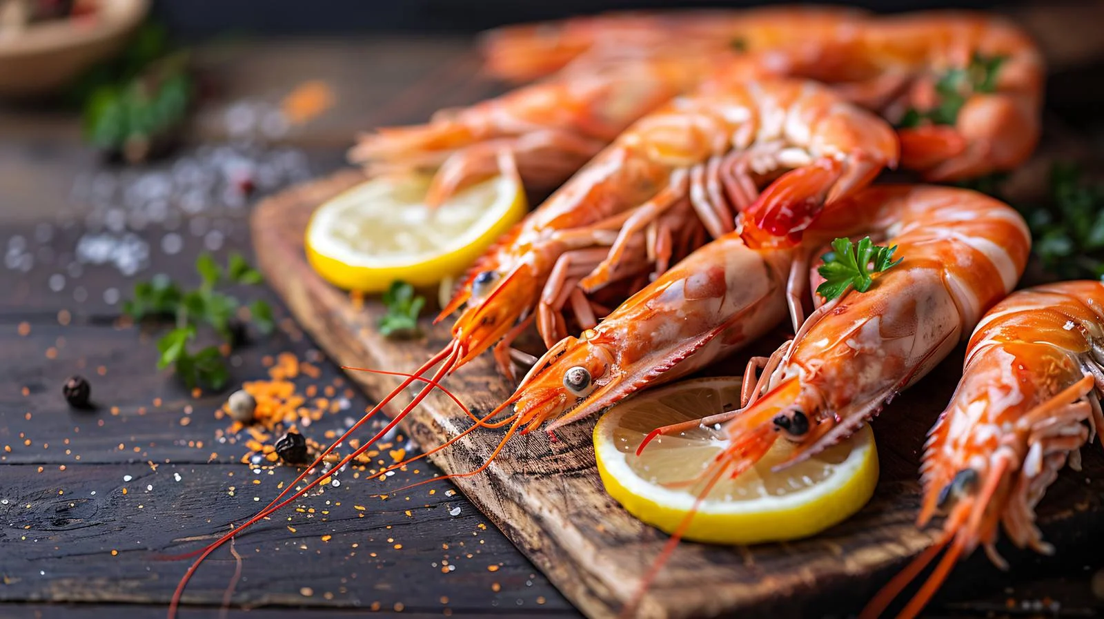 Fresh Shrimp Lemon Wooden Background — free download from Dotvec