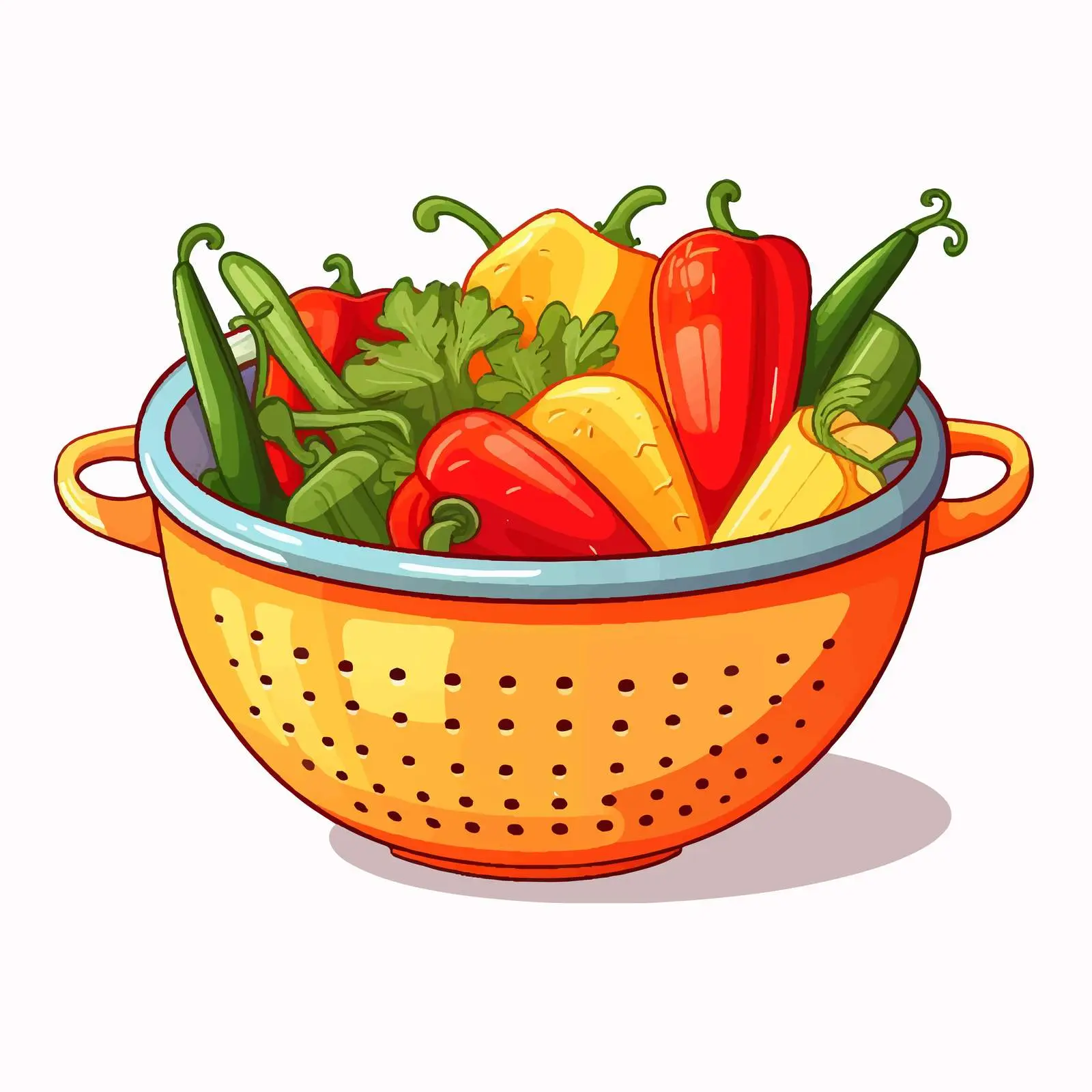 Colorful Cartoon Kitchen Colander with Fresh Vegetables – free culinary illustration image from Dotvec