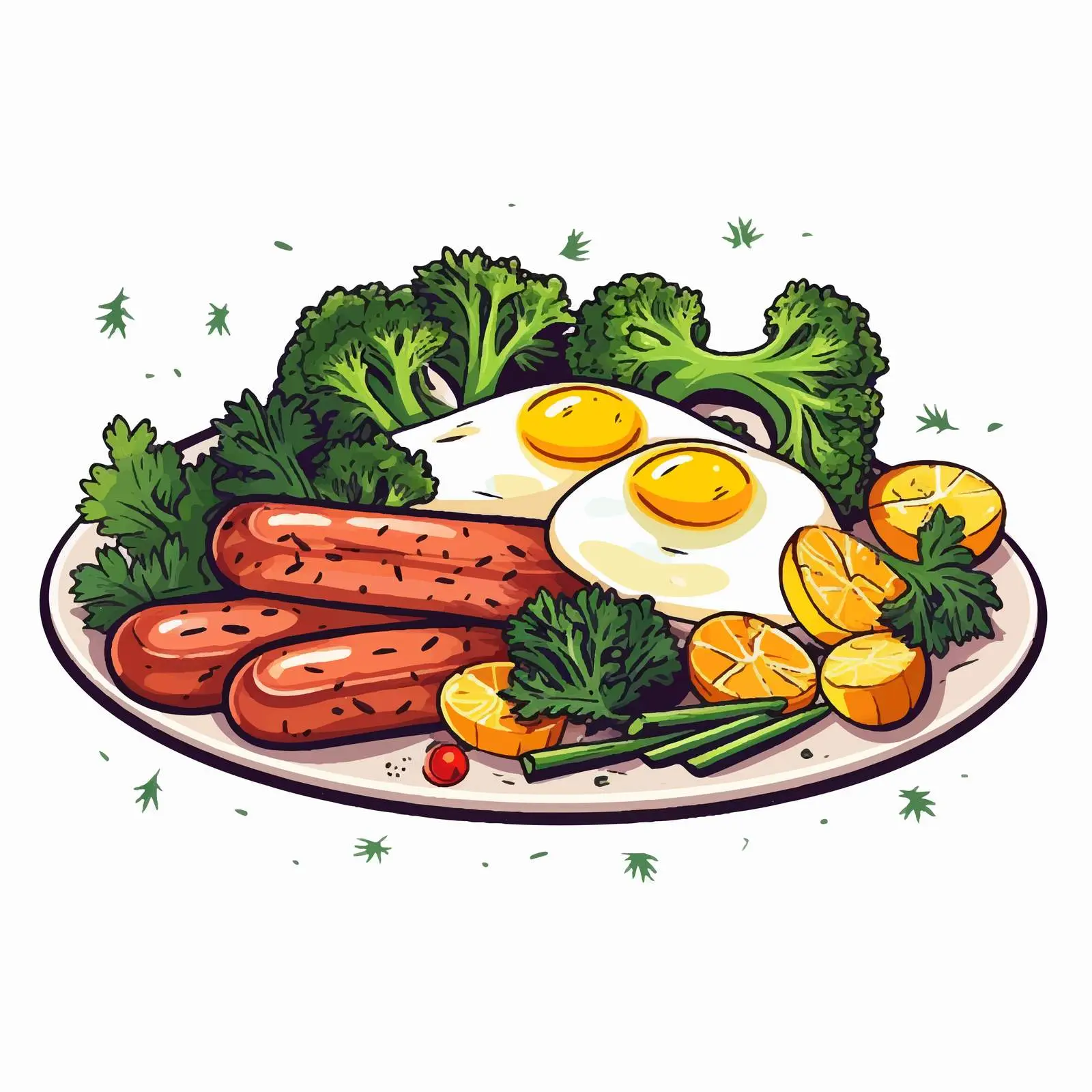 Fried Eggs with Sausages and Broccoli Vector Illustration — free download from Dotvec