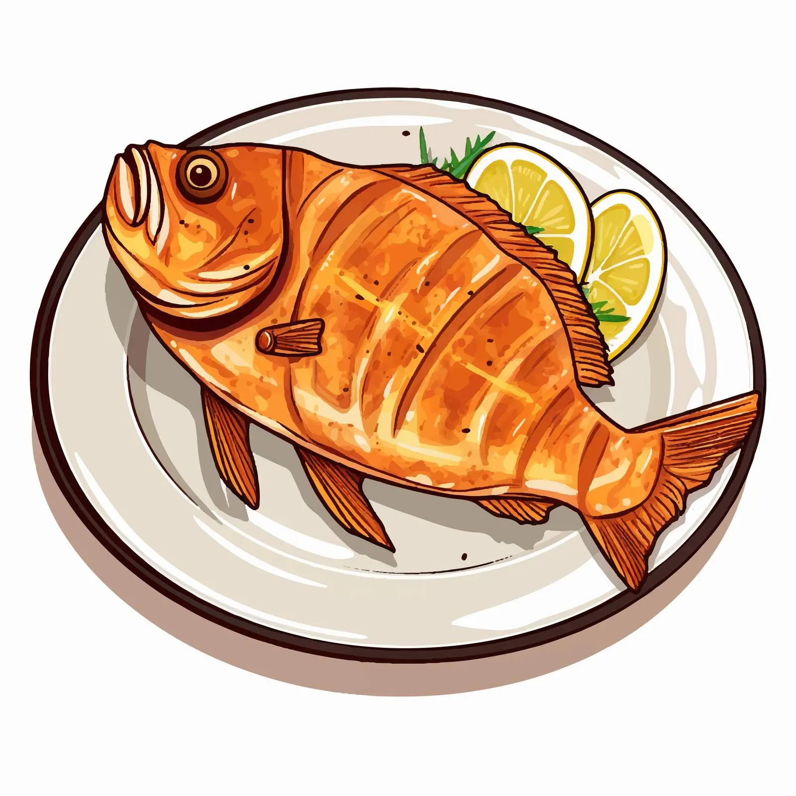 Cartoon Vector Illustration of Fried Fish on Plate – free fresh fish image from Dotvec