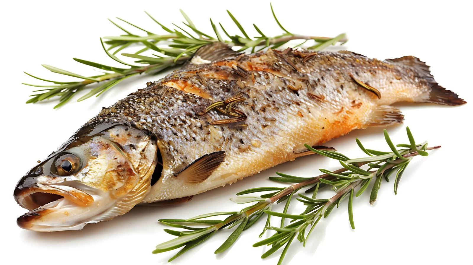 Gourmet Fried Trout with Rosemary on White — free download from Dotvec