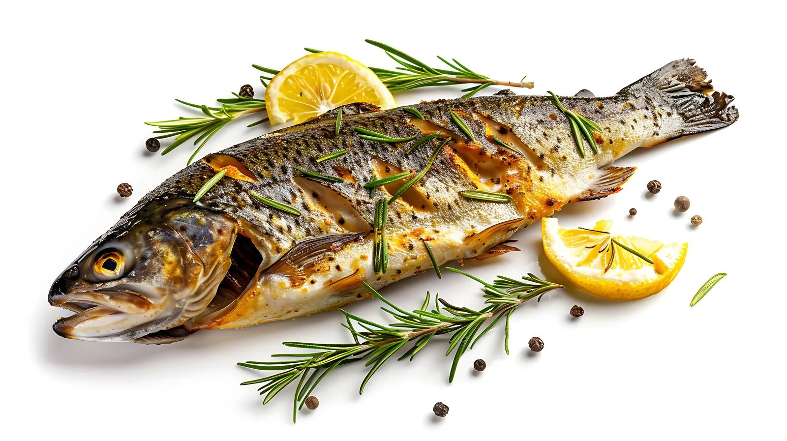 Gourmet Fried Trout with Rosemary on White — free download from Dotvec