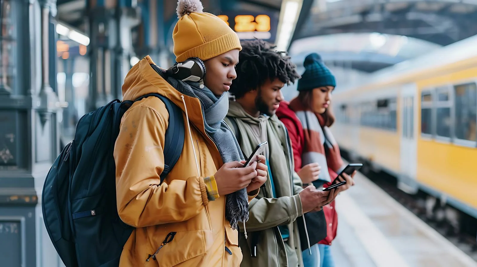 Friends Waiting at Train Station with Smartphone — free download from Dotvec