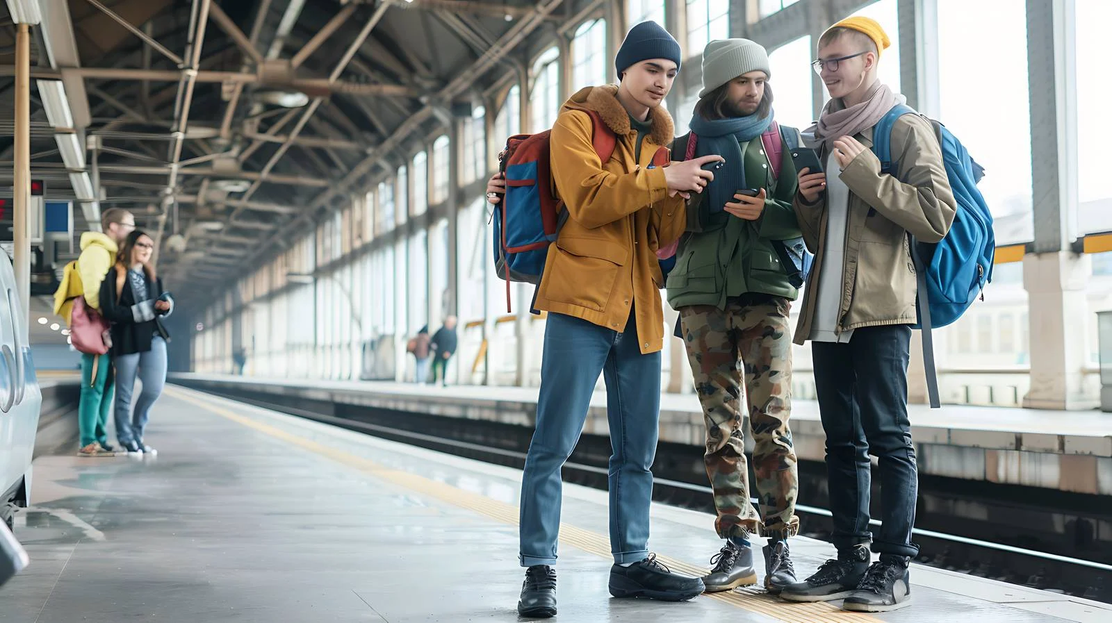 Friends at Train Station Viewing Smartphone — free download from Dotvec