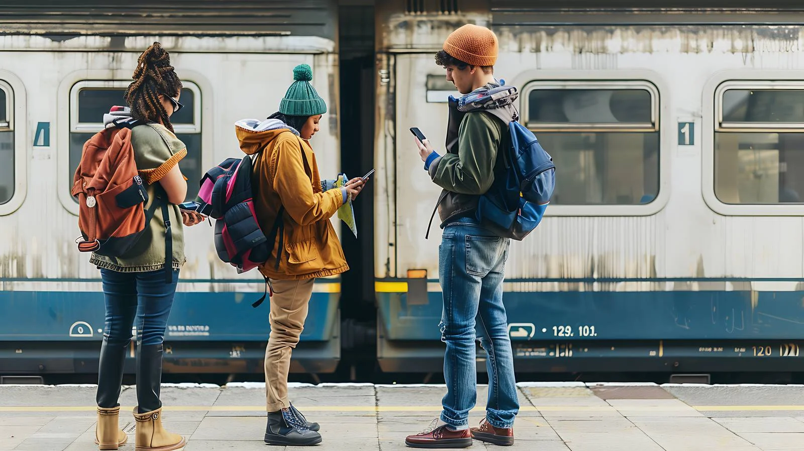 Friends at Train Station with Smartphone — free download from Dotvec