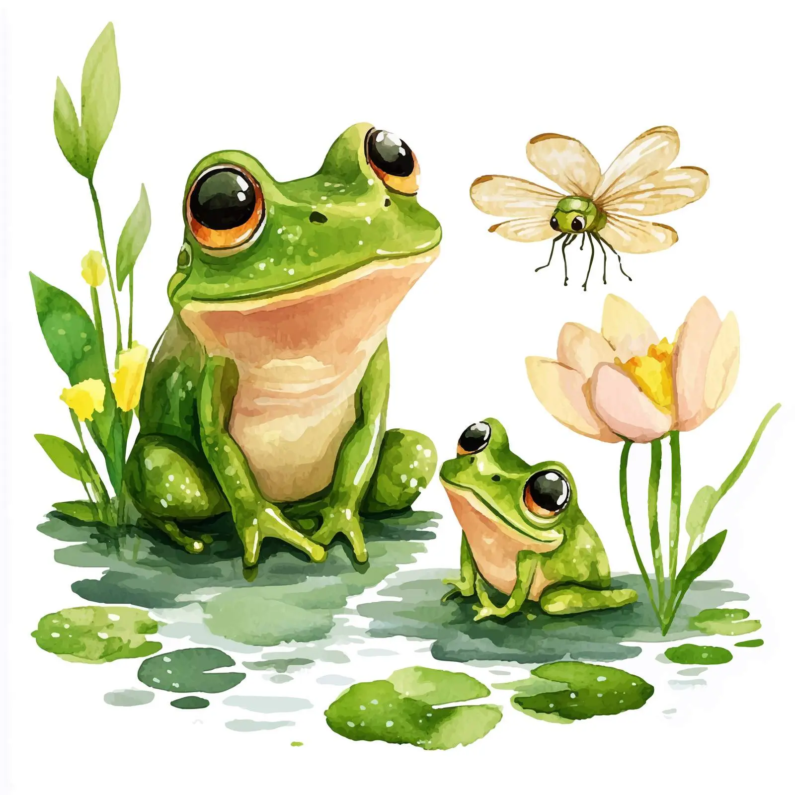 Frog Family with Dragonfly in Swamp Scene — free download from Dotvec