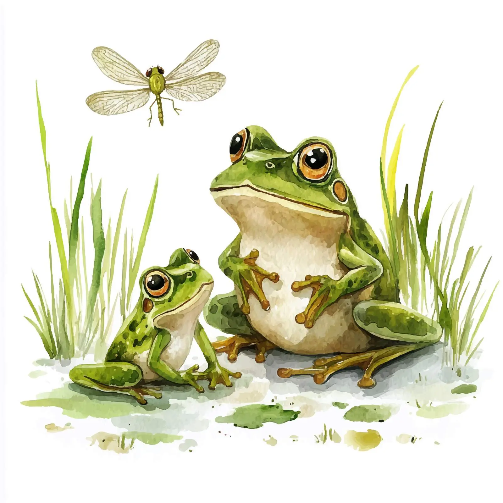 Frog Family with Dragonfly and Mosquito in Swamp — free download from Dotvec
