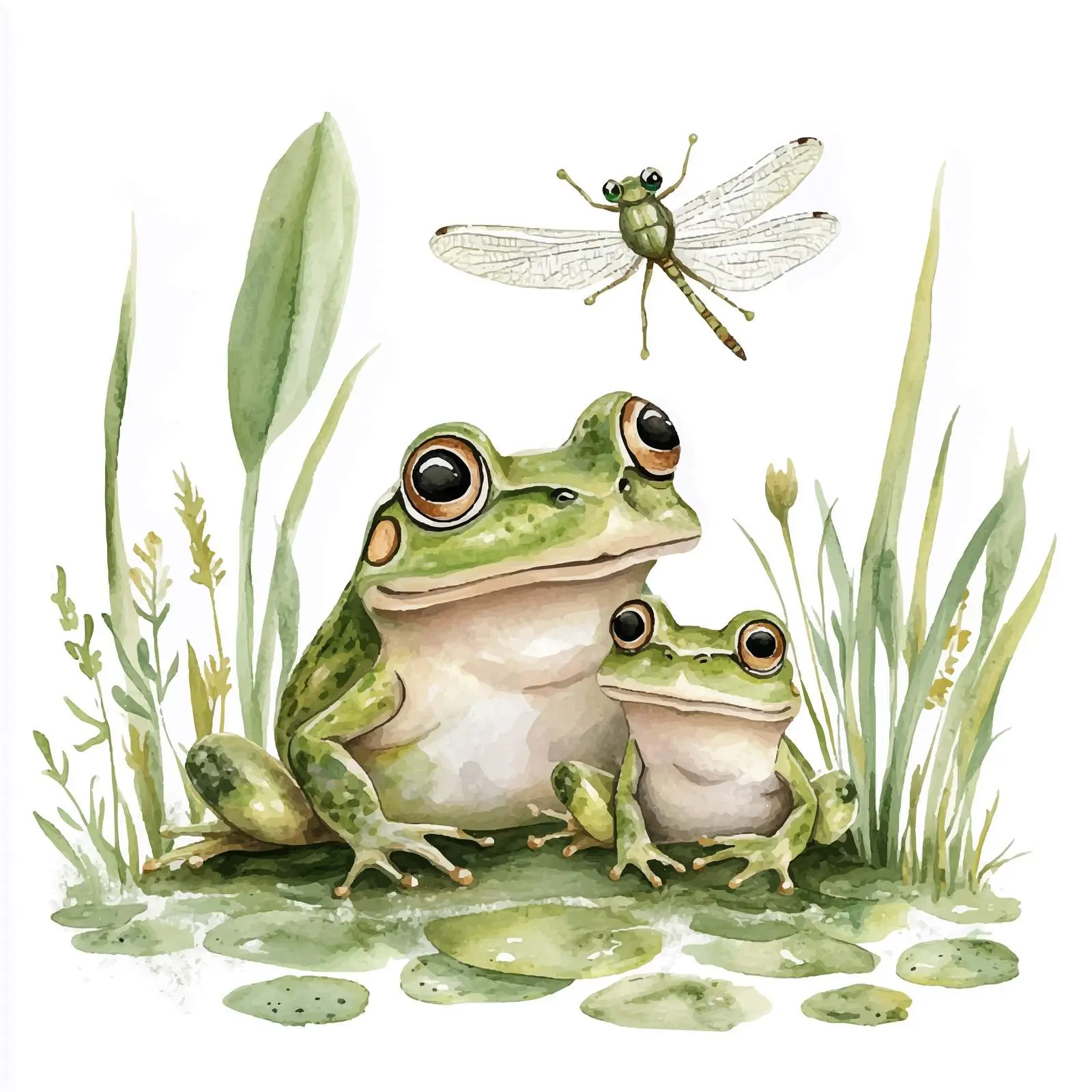 Frog Family with Dragonfly in Swamp — free download from Dotvec