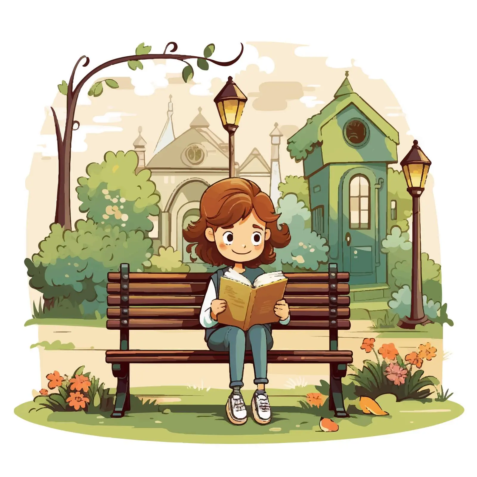 Girl Reading on a Bench in Front Yard – free bench image from Dotvec