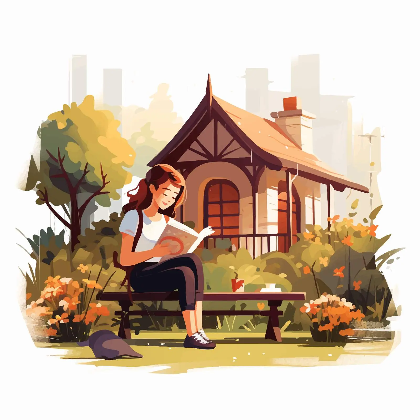 Girl Reading on Bench in Front House Scene – free bench image from Dotvec