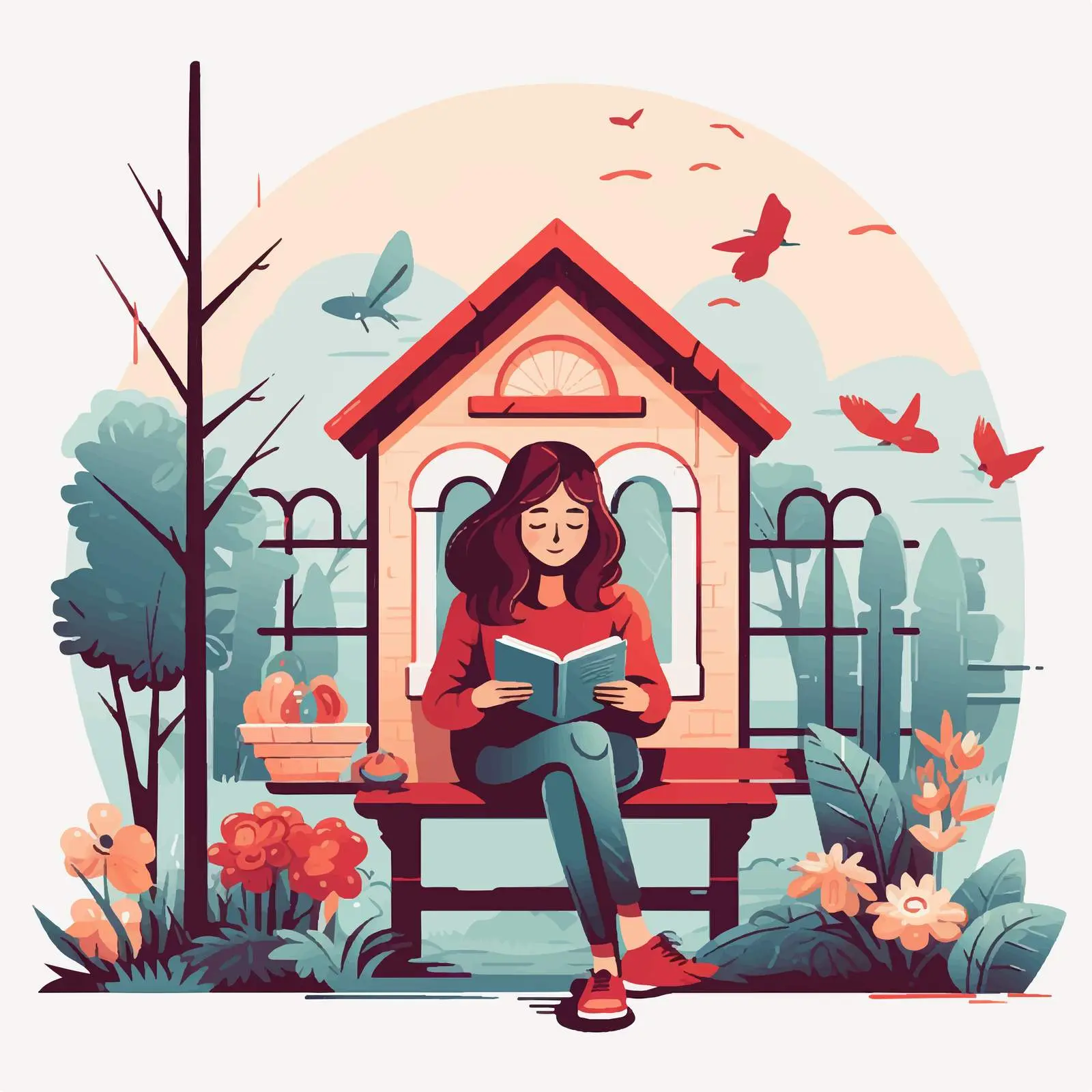 Girl Reading on Bench in Front of House – free bench image from Dotvec