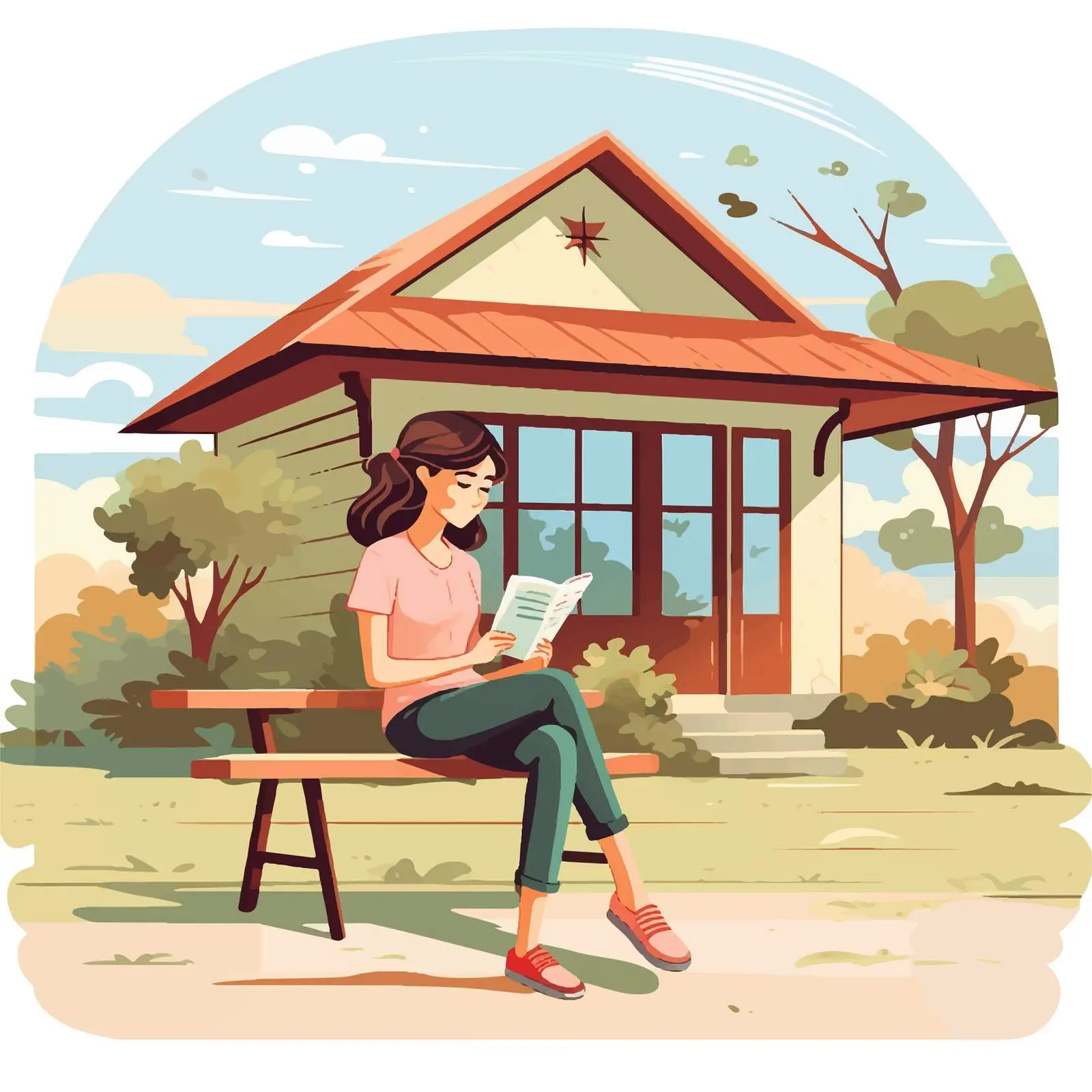 Girl Reading Book in Front House Scene — free download from Dotvec