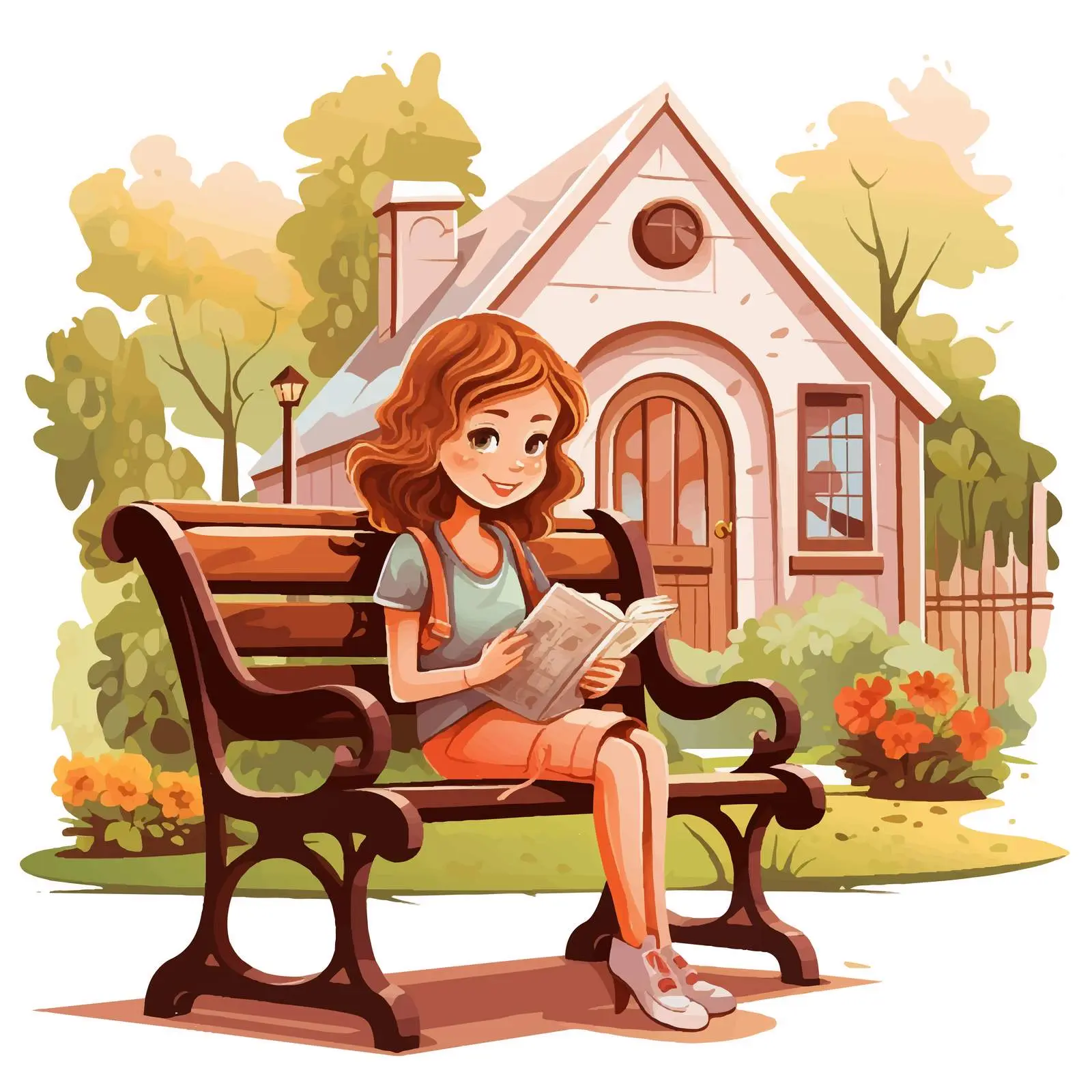 Girl Reading a Book in Front House Scene — free download from Dotvec