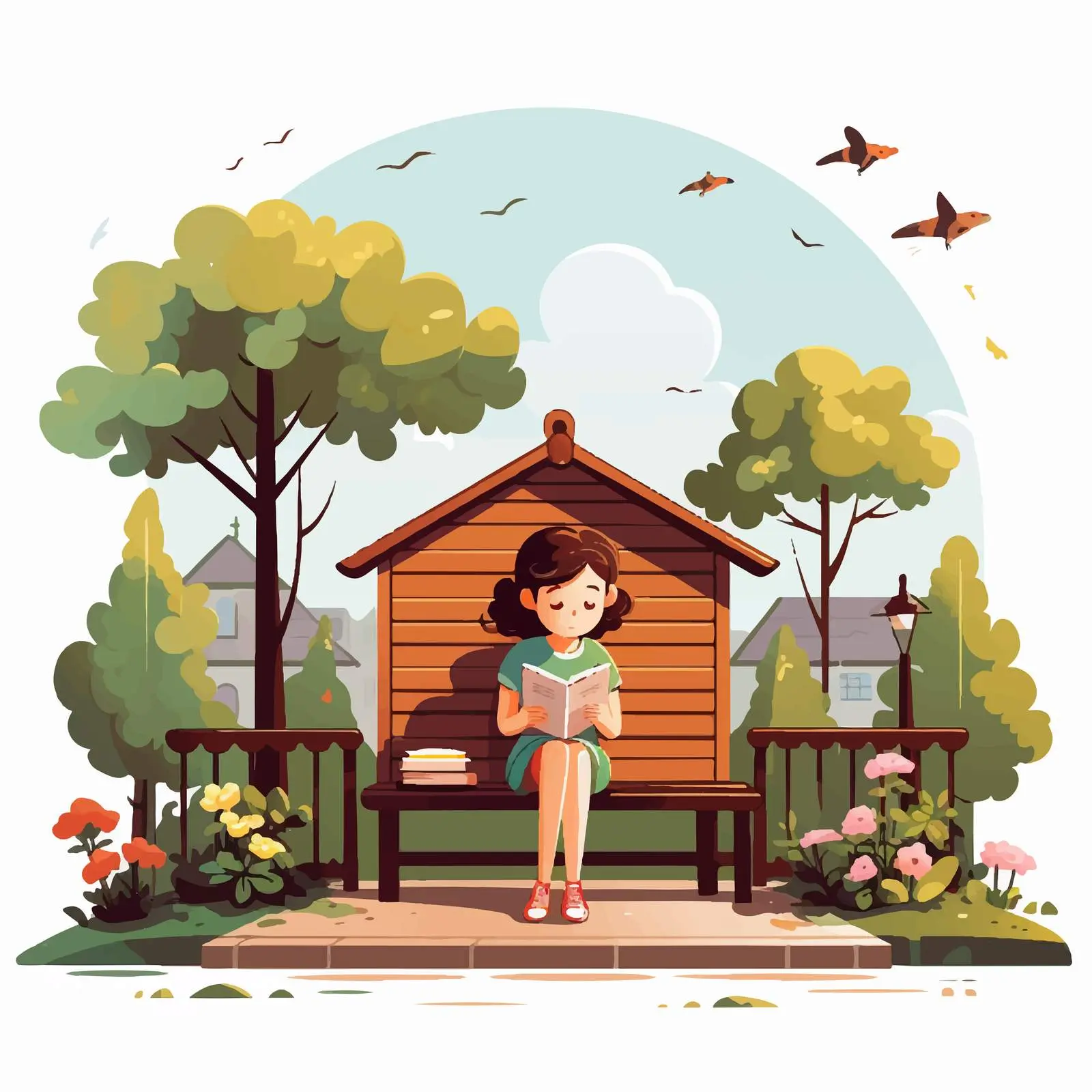 Girl Reading Book in Front House Scene — free download from Dotvec