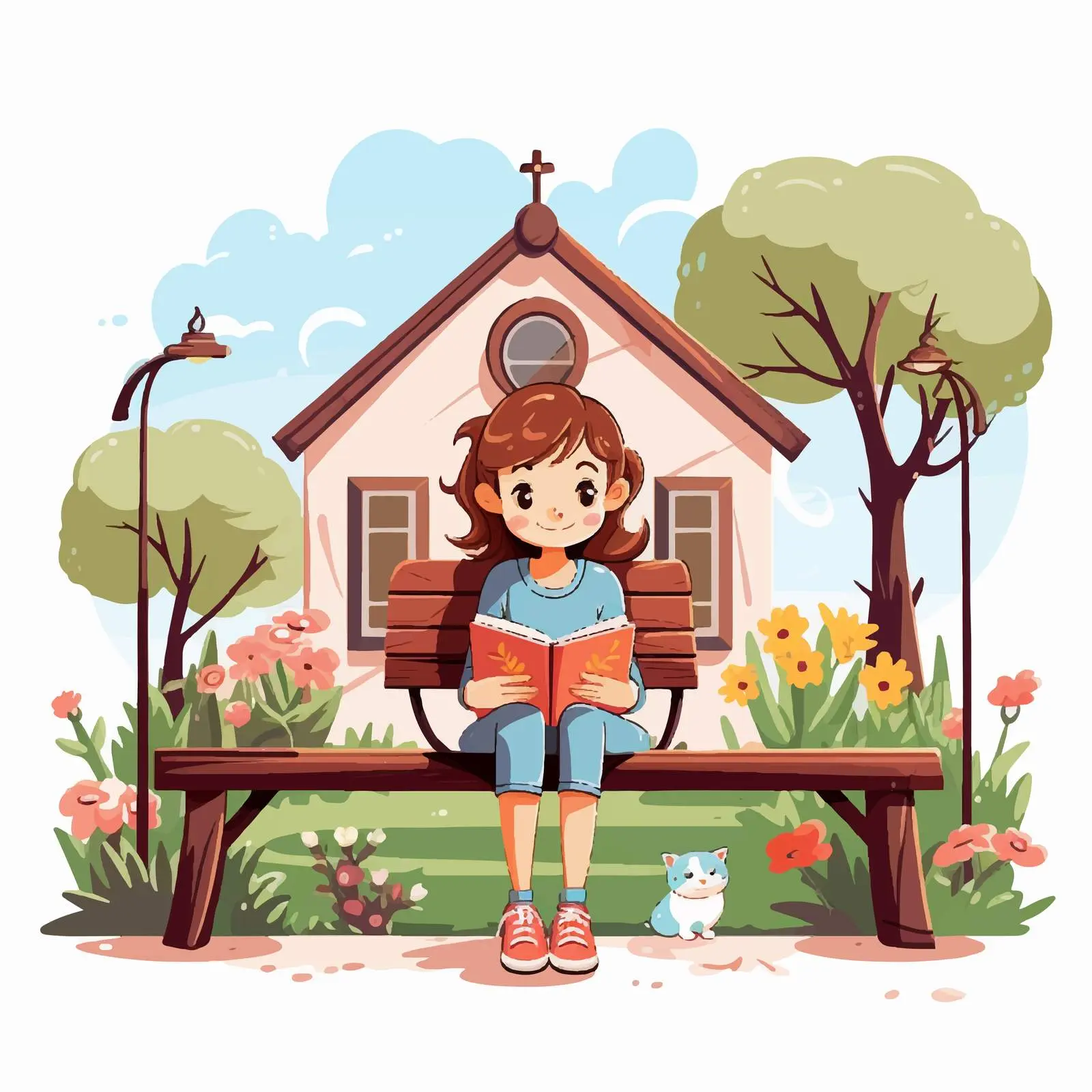 Girl Reading Book in Front House Scene — free download from Dotvec