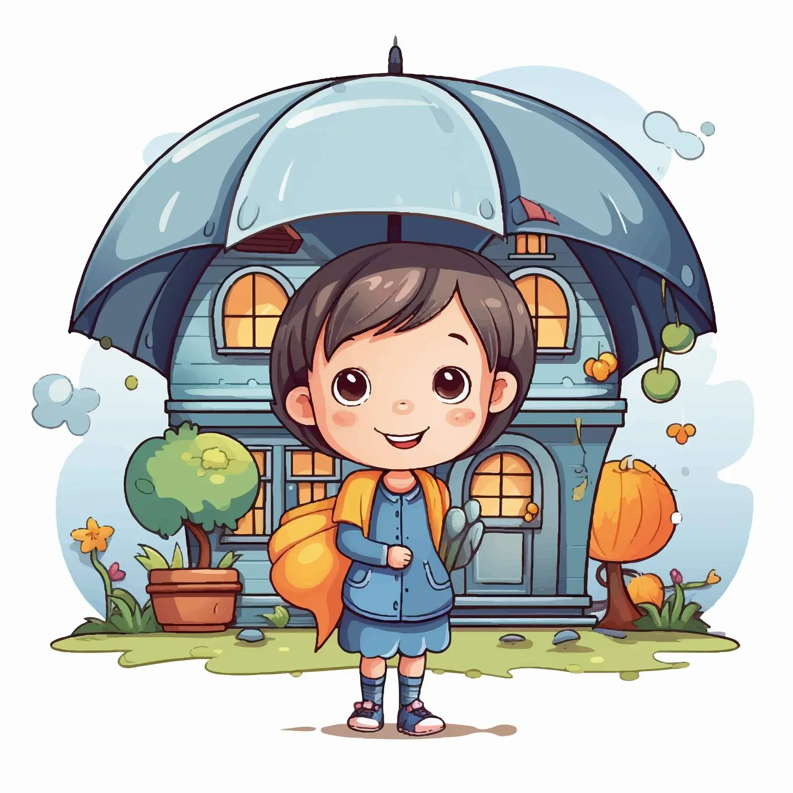 Charming House Scene with Girl and Umbrella — free download from Dotvec