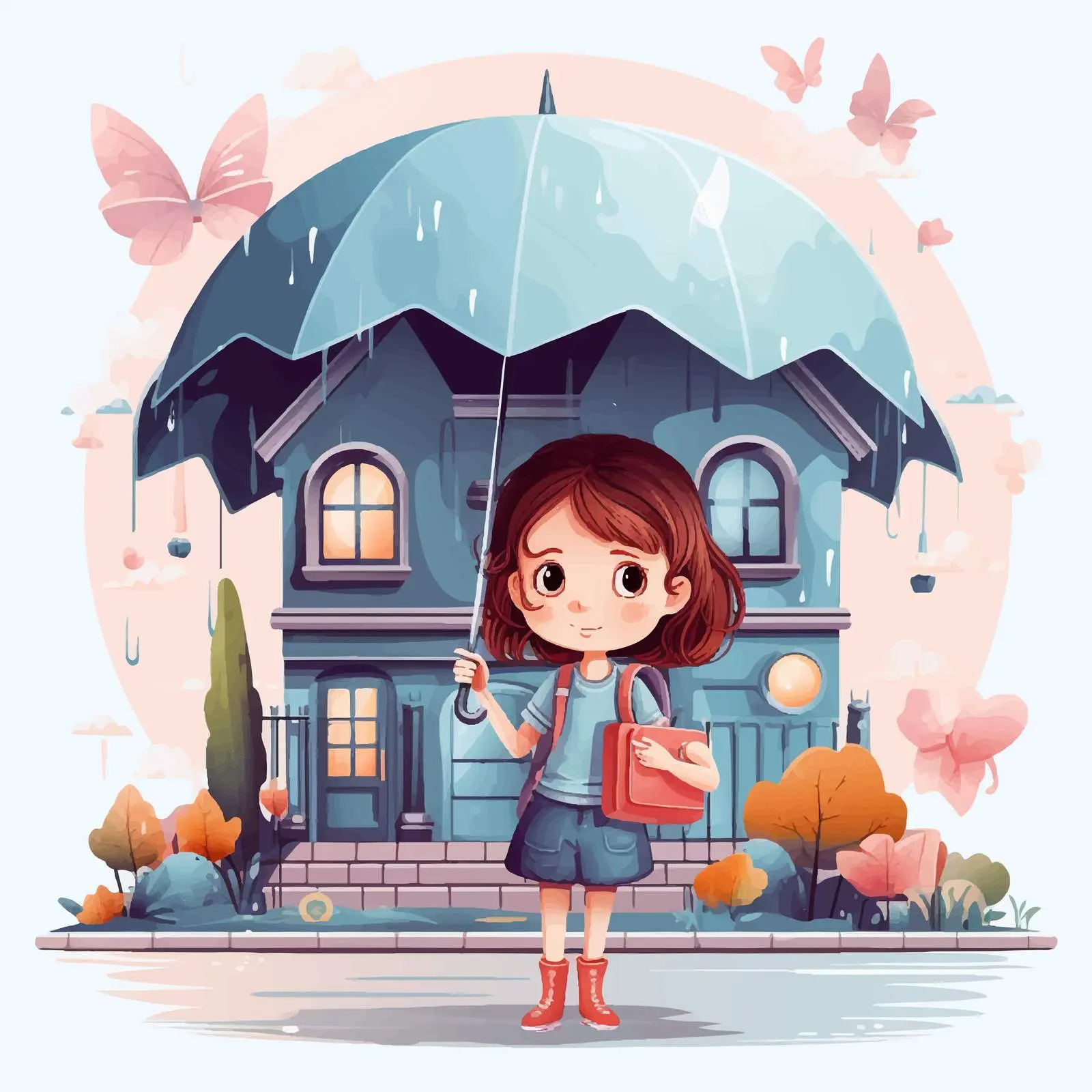 Girl with Umbrella at Front of House Scene — free download from Dotvec