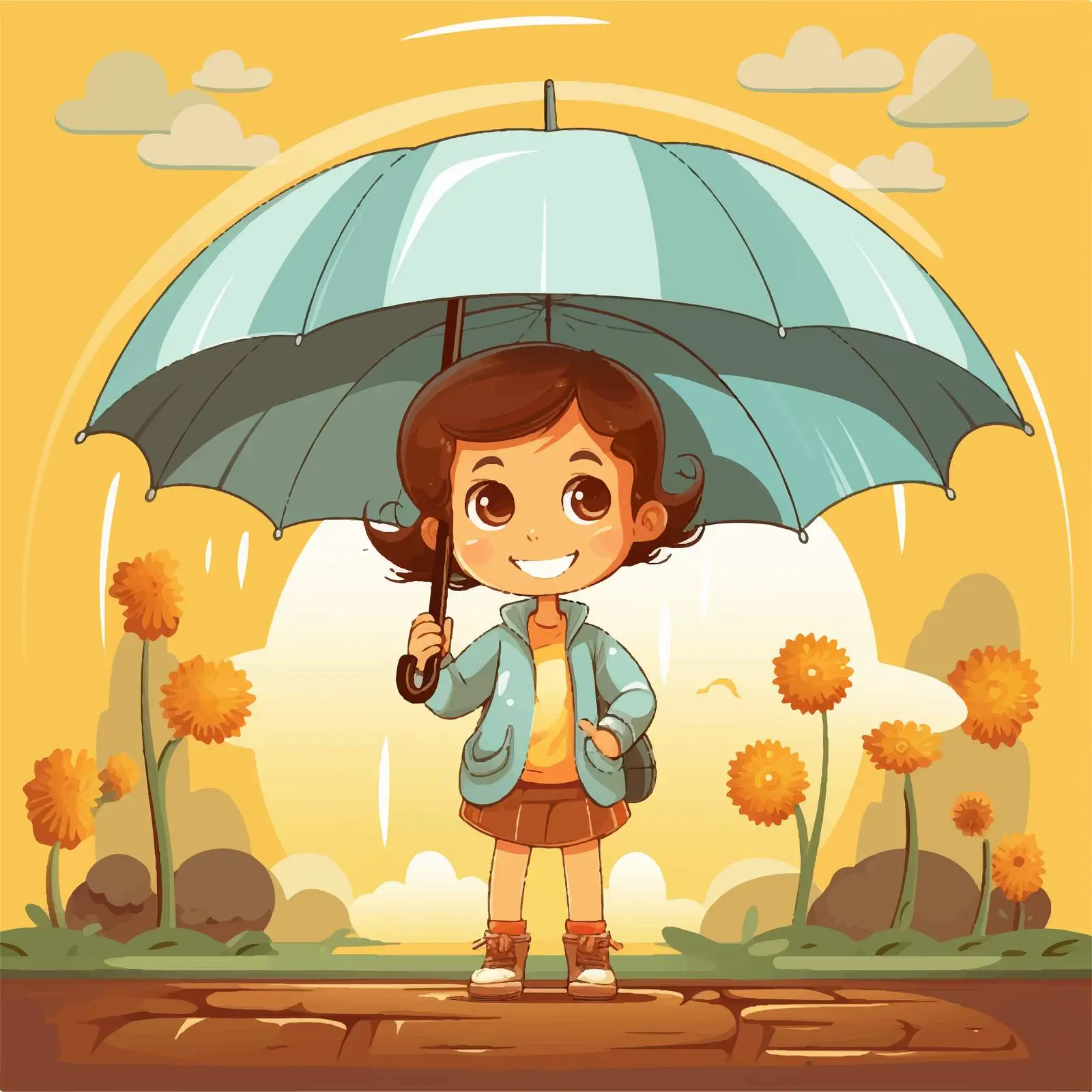 Girl with Umbrella in Front of House Illustration — free download from Dotvec