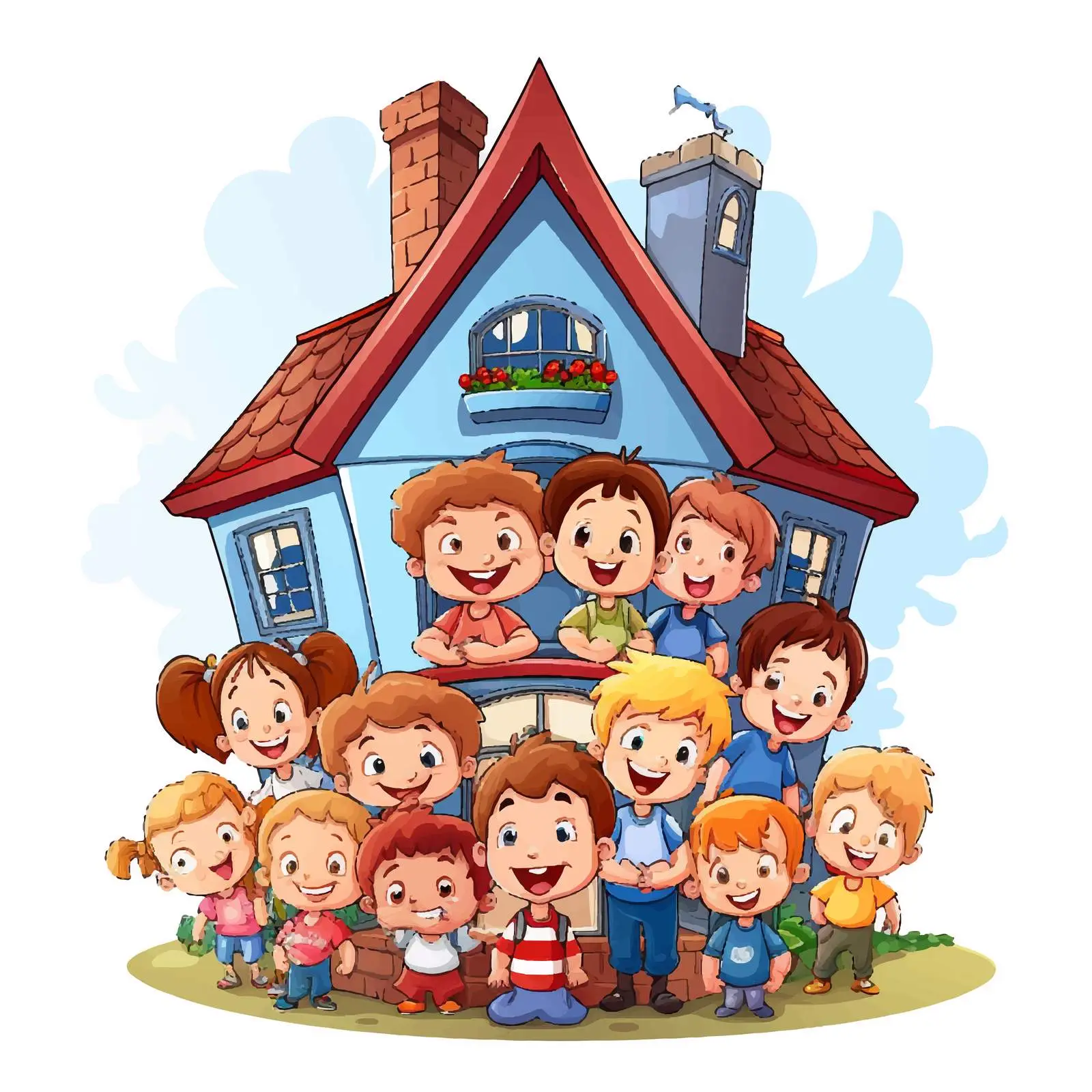 Colorful House Illustration with Children on White Background — free download from Dotvec