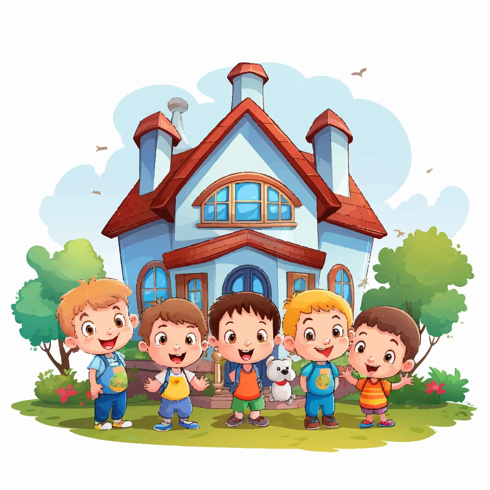 Colorful House with Kids on White Background — free download from Dotvec