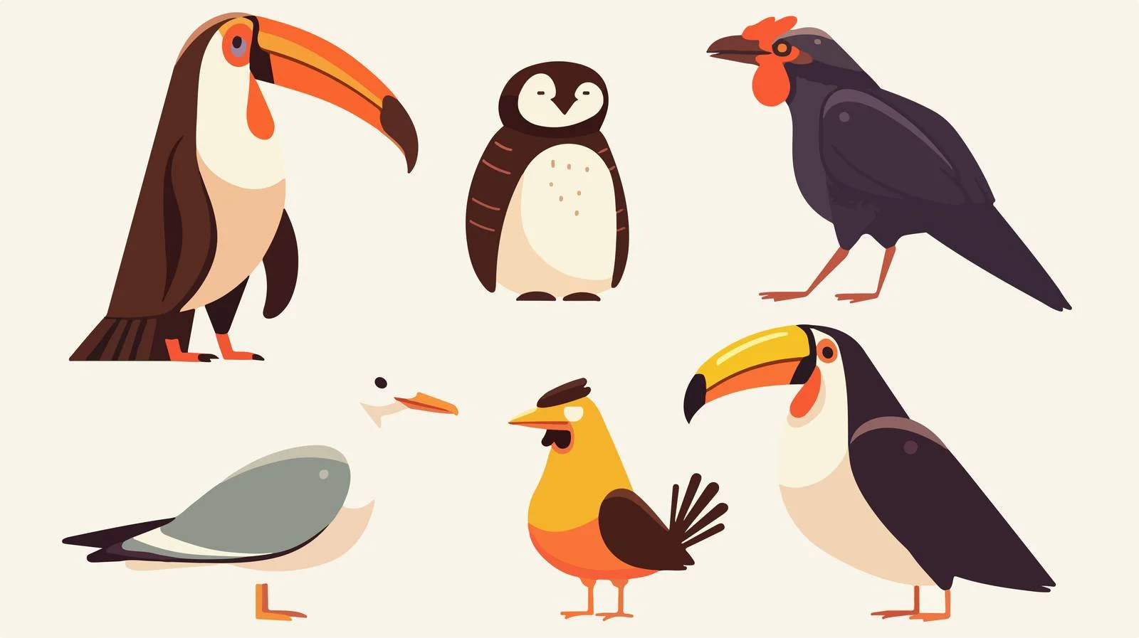 Adorable Bird Profiles: Gull, Owl, Penguin — free download from Dotvec