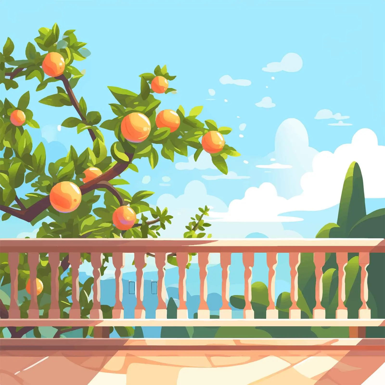 Fruit Tree Behind Balustrade on Sunny Day — free download from Dotvec