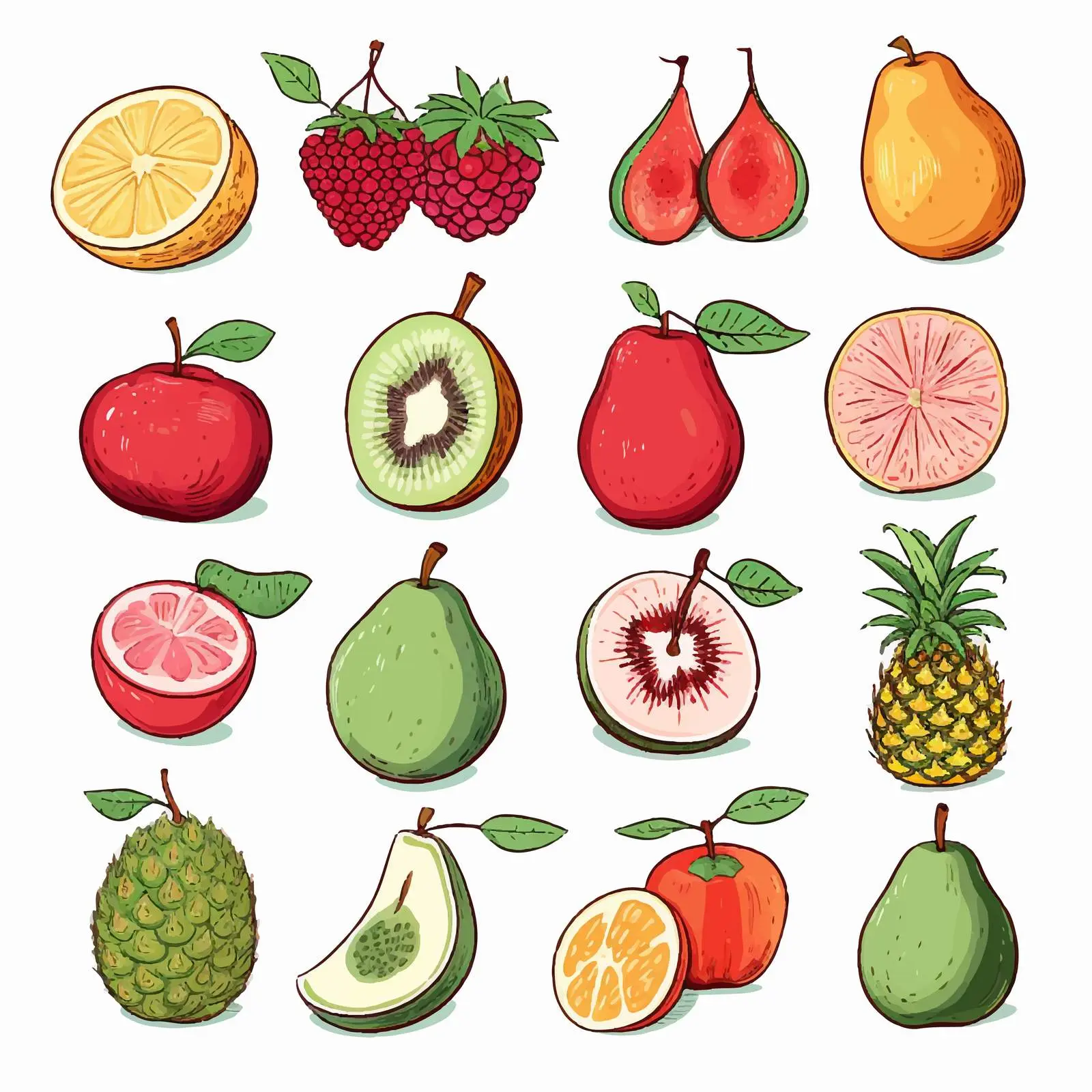 Fruit Line Drawings: Kiwi, Pineapple, Pomegranate, Cherry — free download from Dotvec