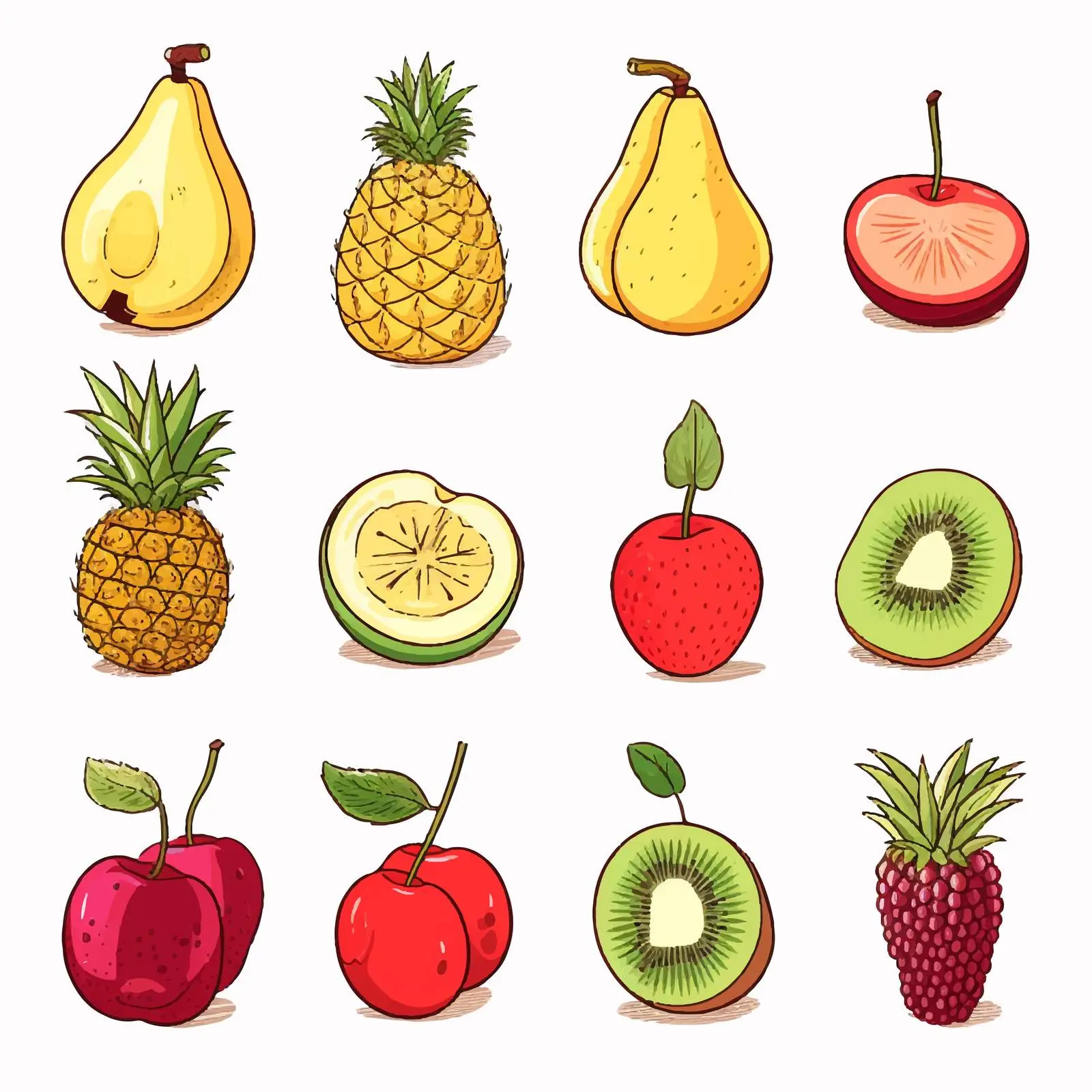 Line Drawing of Fruits: Kiwi, Pineapple, Cherry — free download from Dotvec