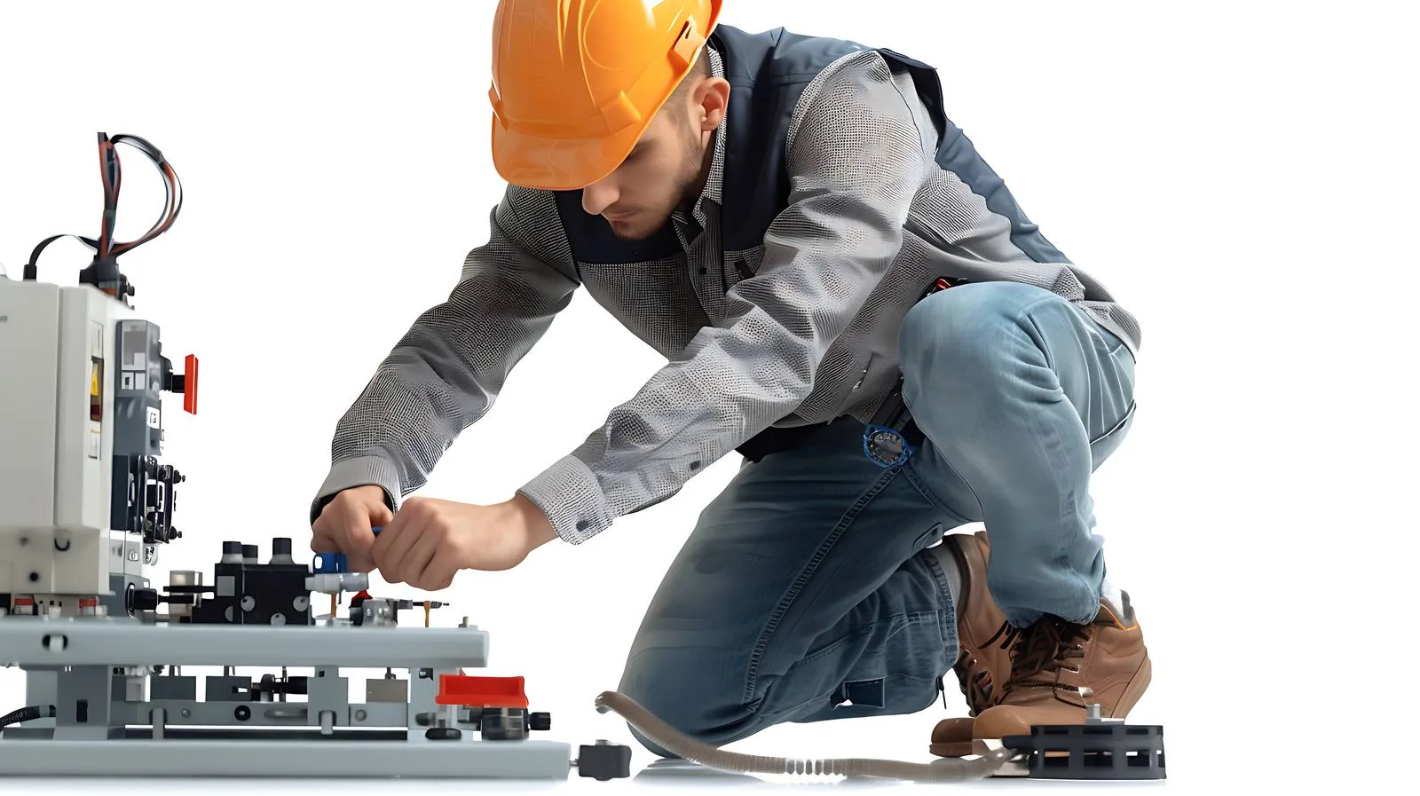 Professional Engineer Examining Equipment Crouching — free download from Dotvec