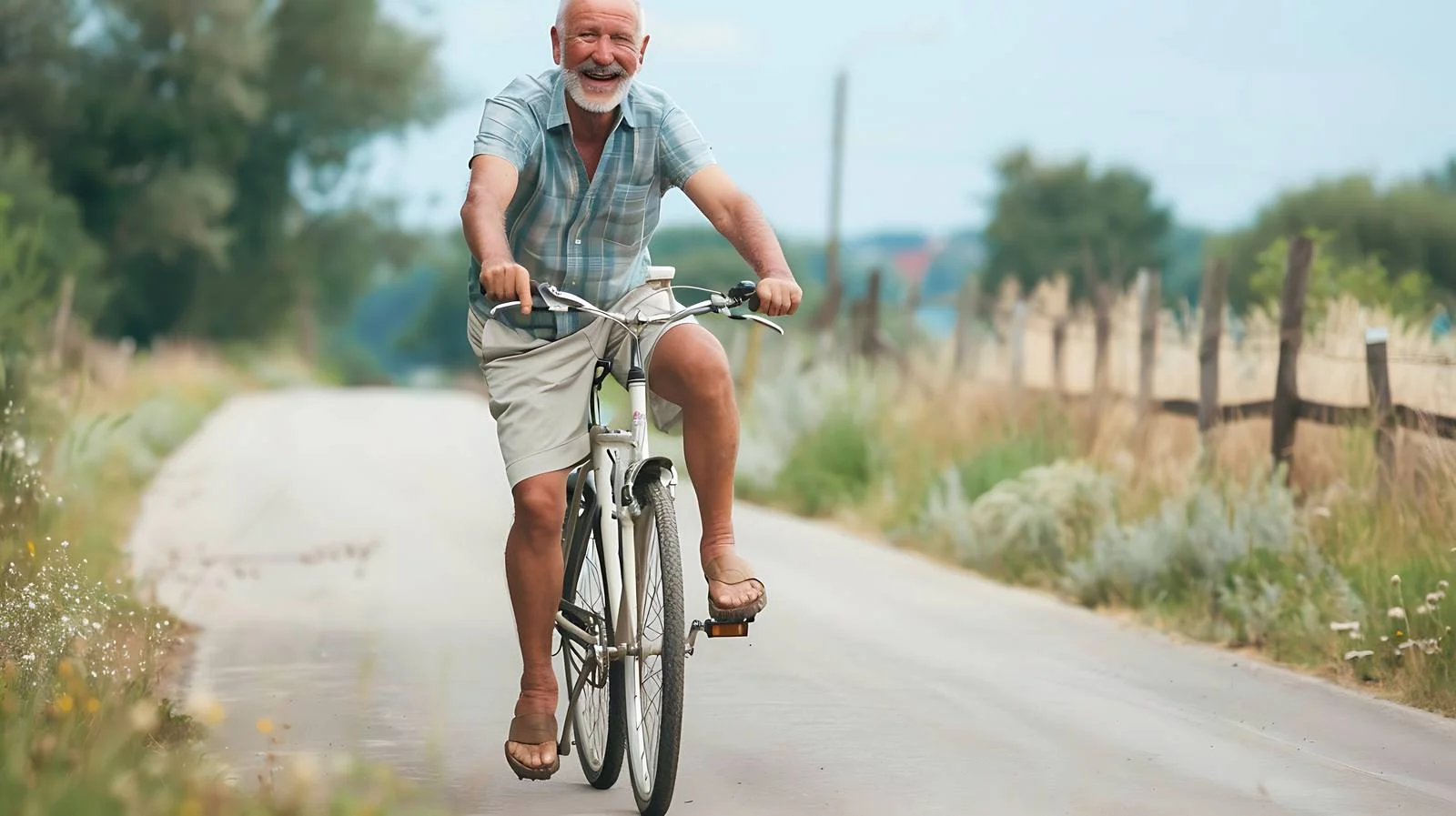 Elderly man joyfully riding bicycle outdoors — free download from Dotvec