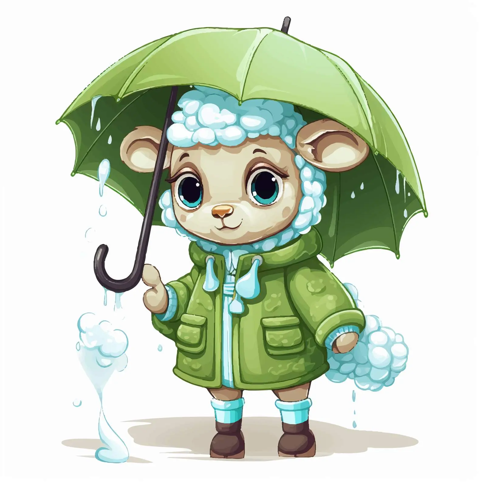 Funny Cartoon Sheep with Green Umbrella – free umbrella image from Dotvec