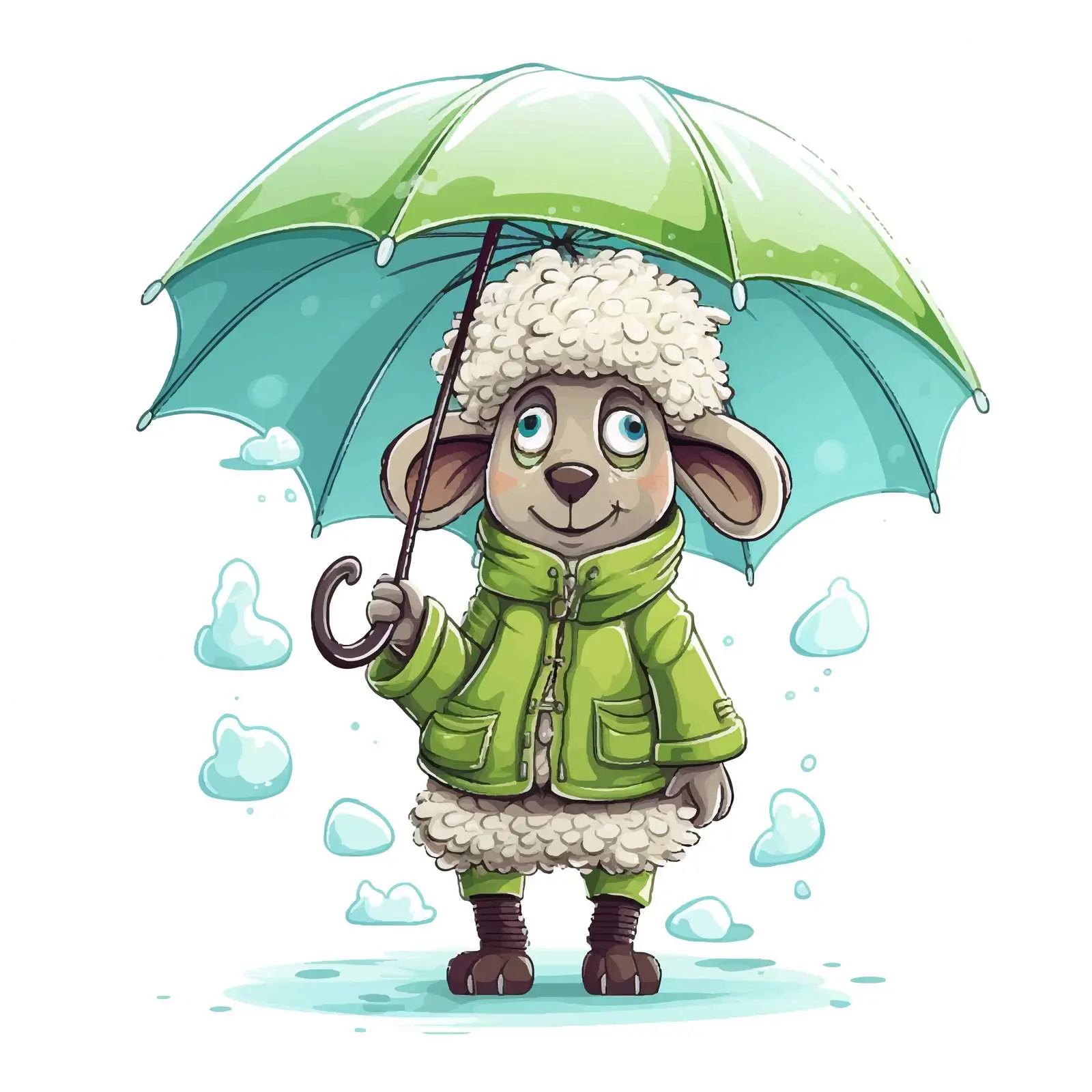 Humorous Cartoon Sheep with Green Umbrella – free umbrella image from Dotvec