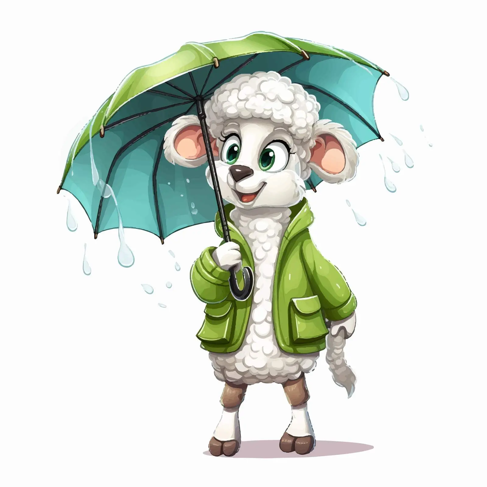 Funny Cartoon Sheep with Green Umbrella — free download from Dotvec