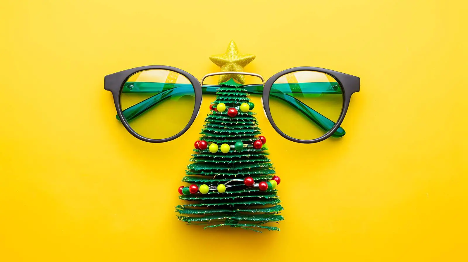 Funny Christmas Tree Glasses on Yellow Background — free download from Dotvec
