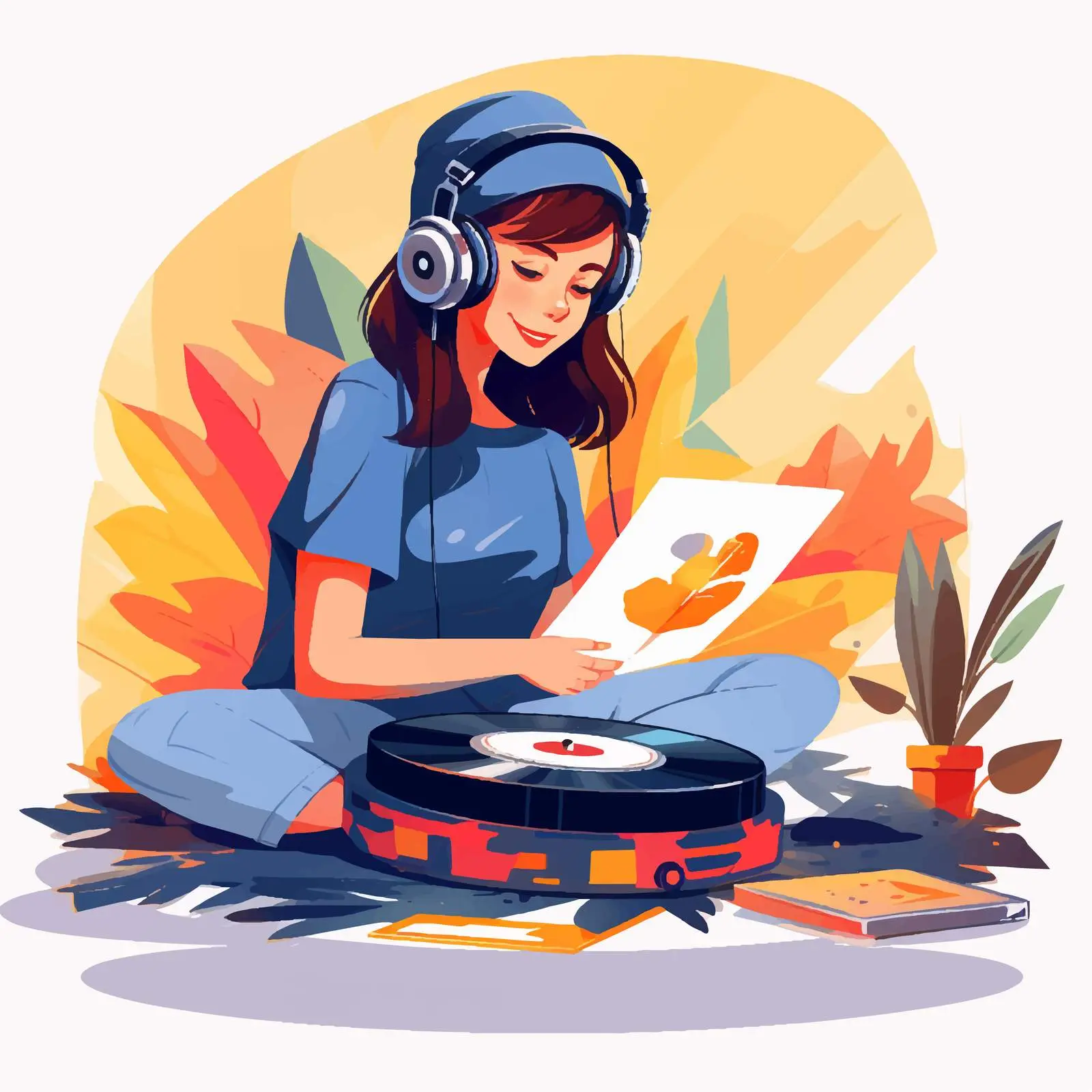 Girl Enjoying Vinyl Records with Headphones — free download from Dotvec