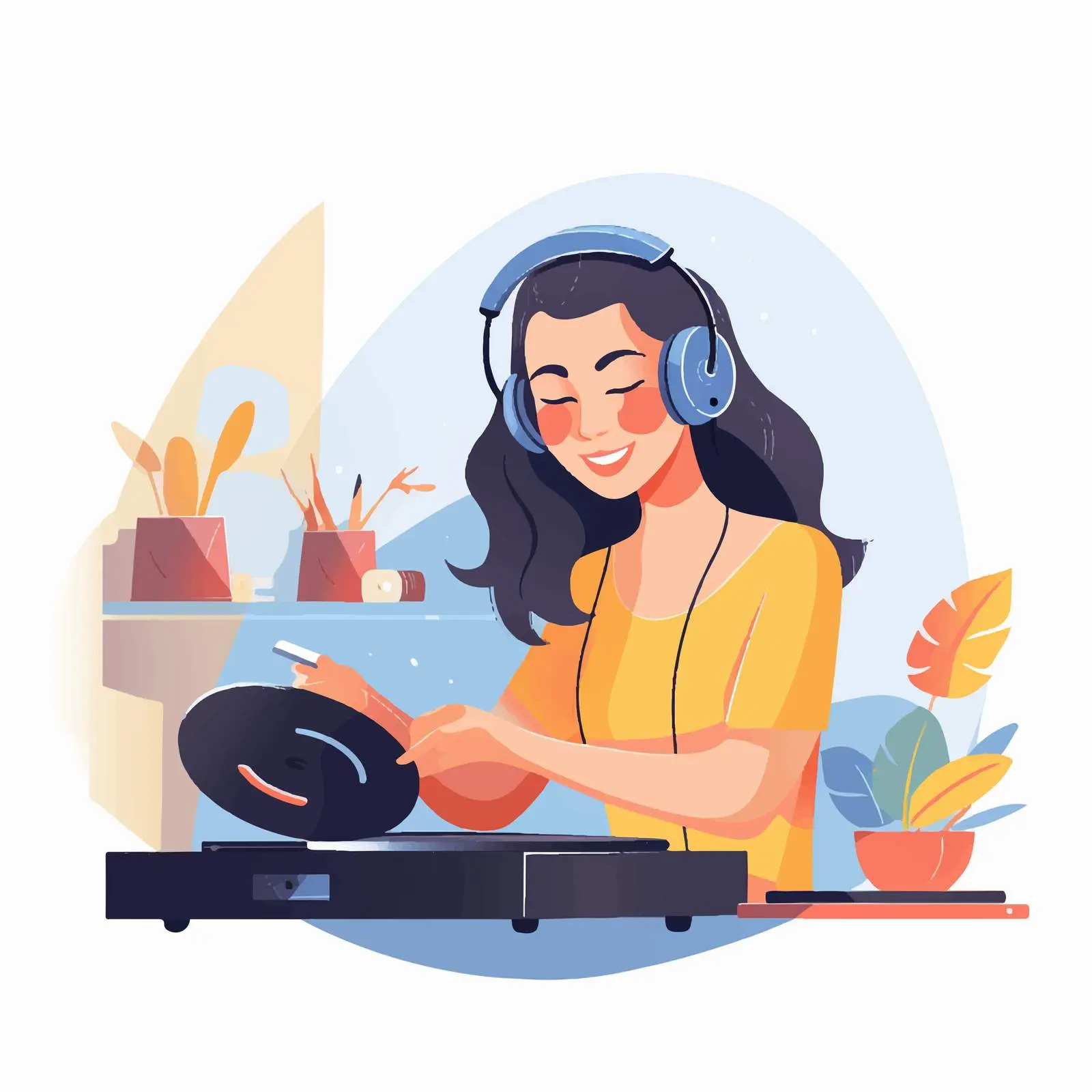Girl Enjoying Vinyl Records with Headphones — free download from Dotvec