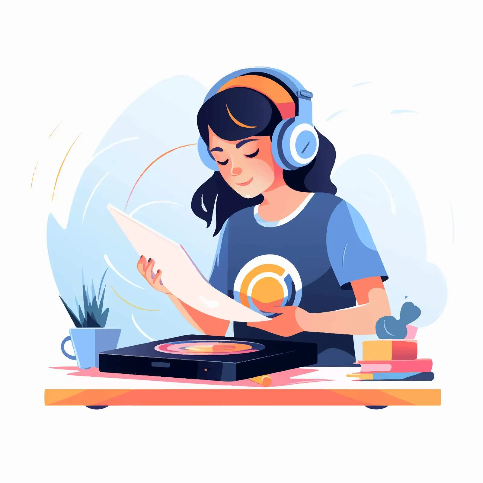 Girl with Headphones Enjoying Vinyl Records — free download from Dotvec