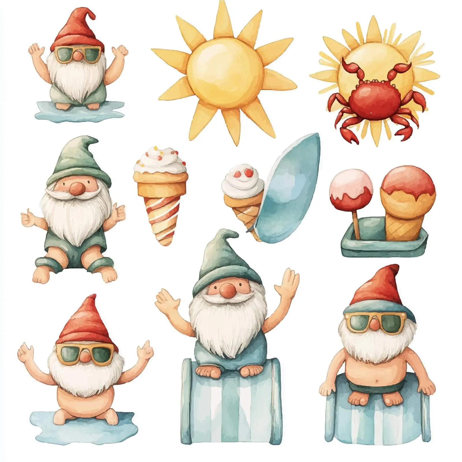 Playful Gnomes Poolside with Crab and Ice Cream — free download from Dotvec