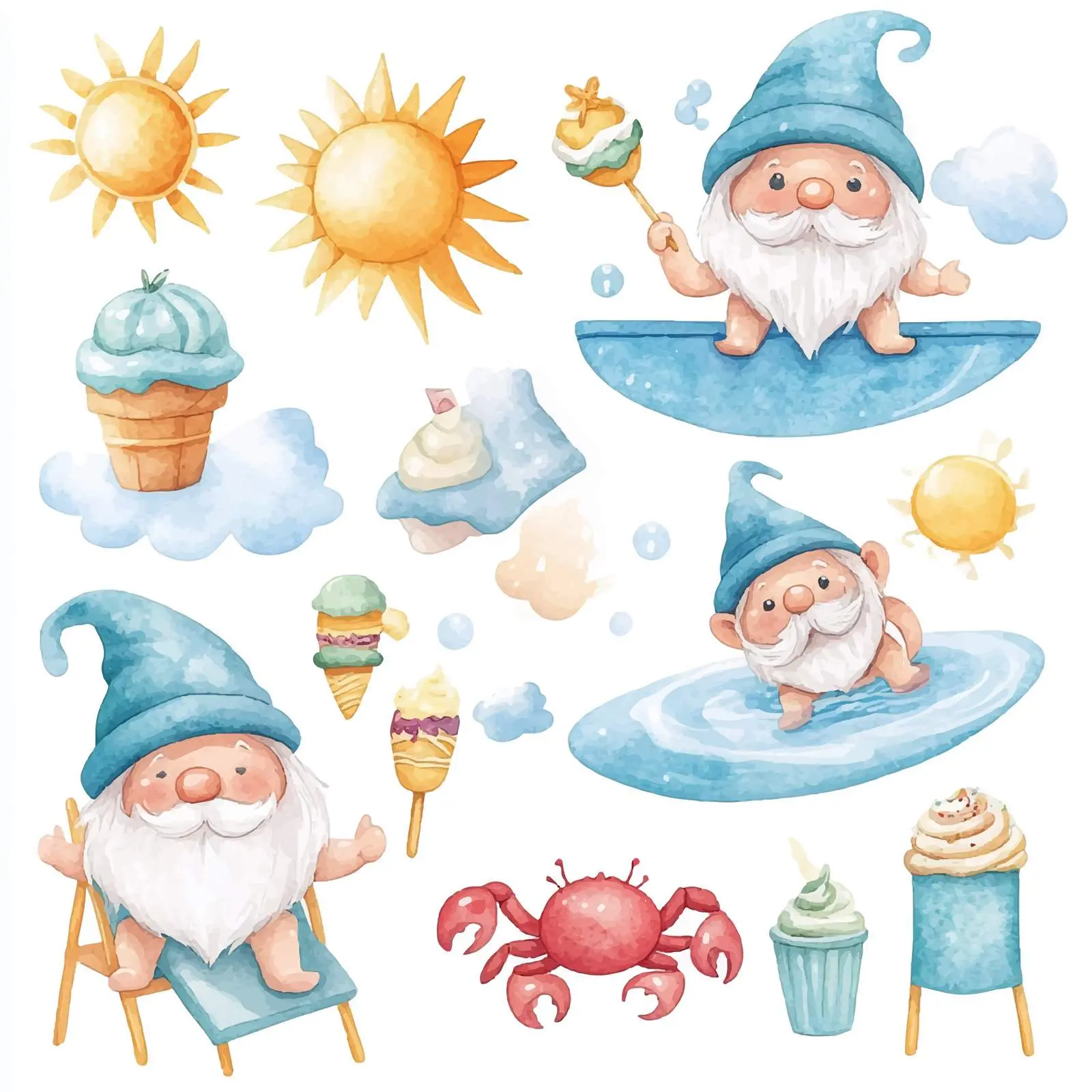 Playful Gnomes Enjoying Poolside with Crab and Ice Cream — free download from Dotvec