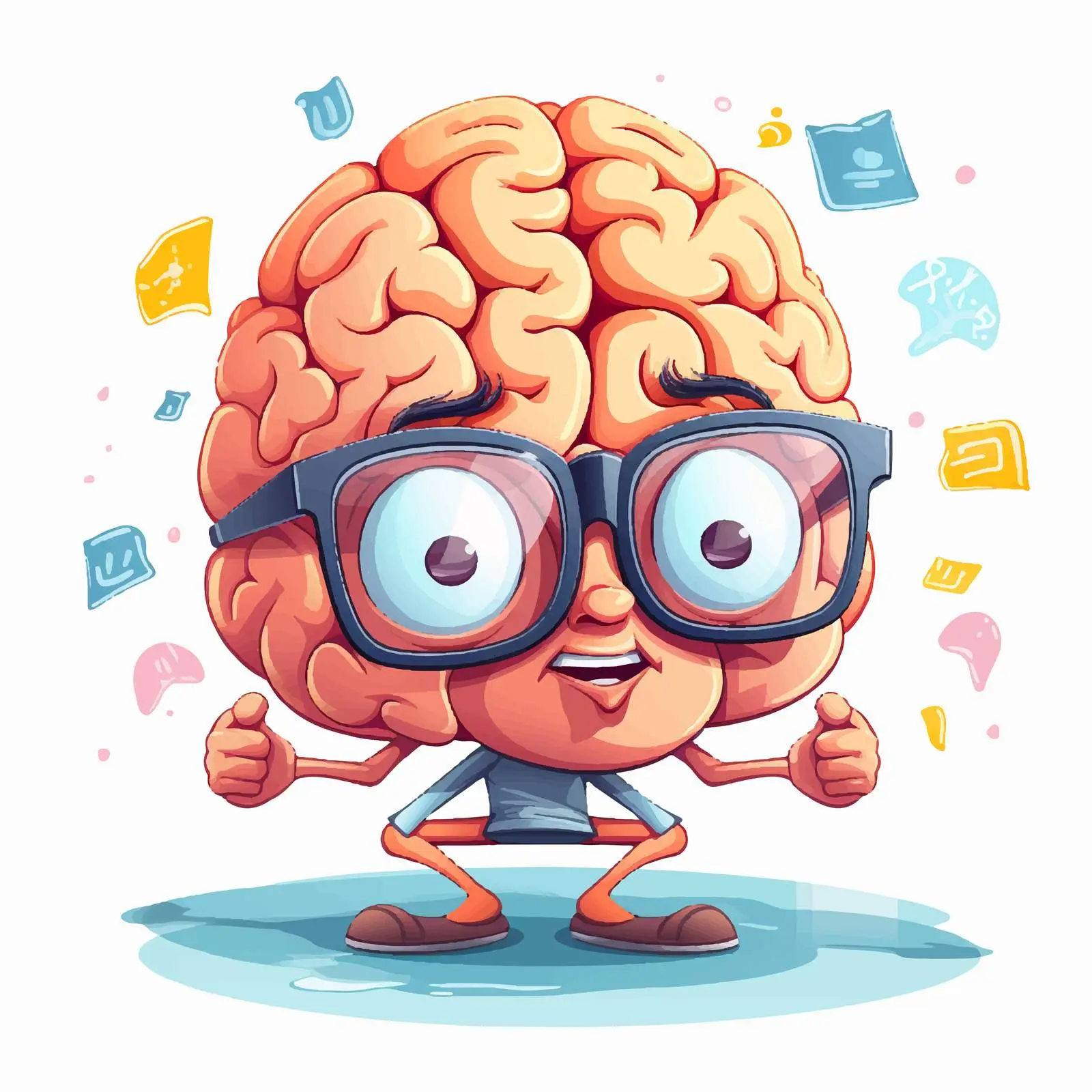 Humorous Brain with Glasses Surrounded by Questions — free download from Dotvec