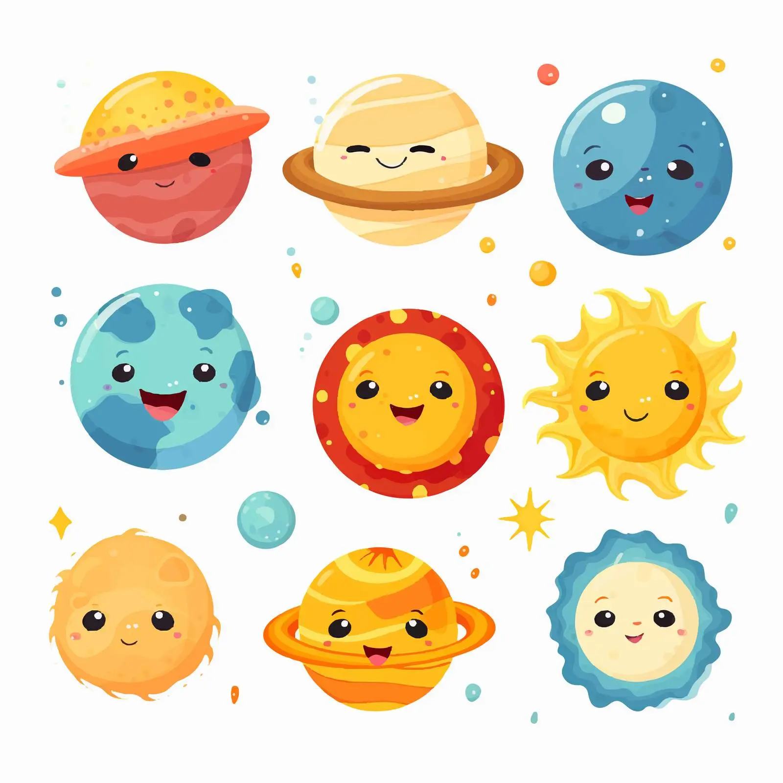 Playful Planets and Sun with Smiling Faces — free download from Dotvec
