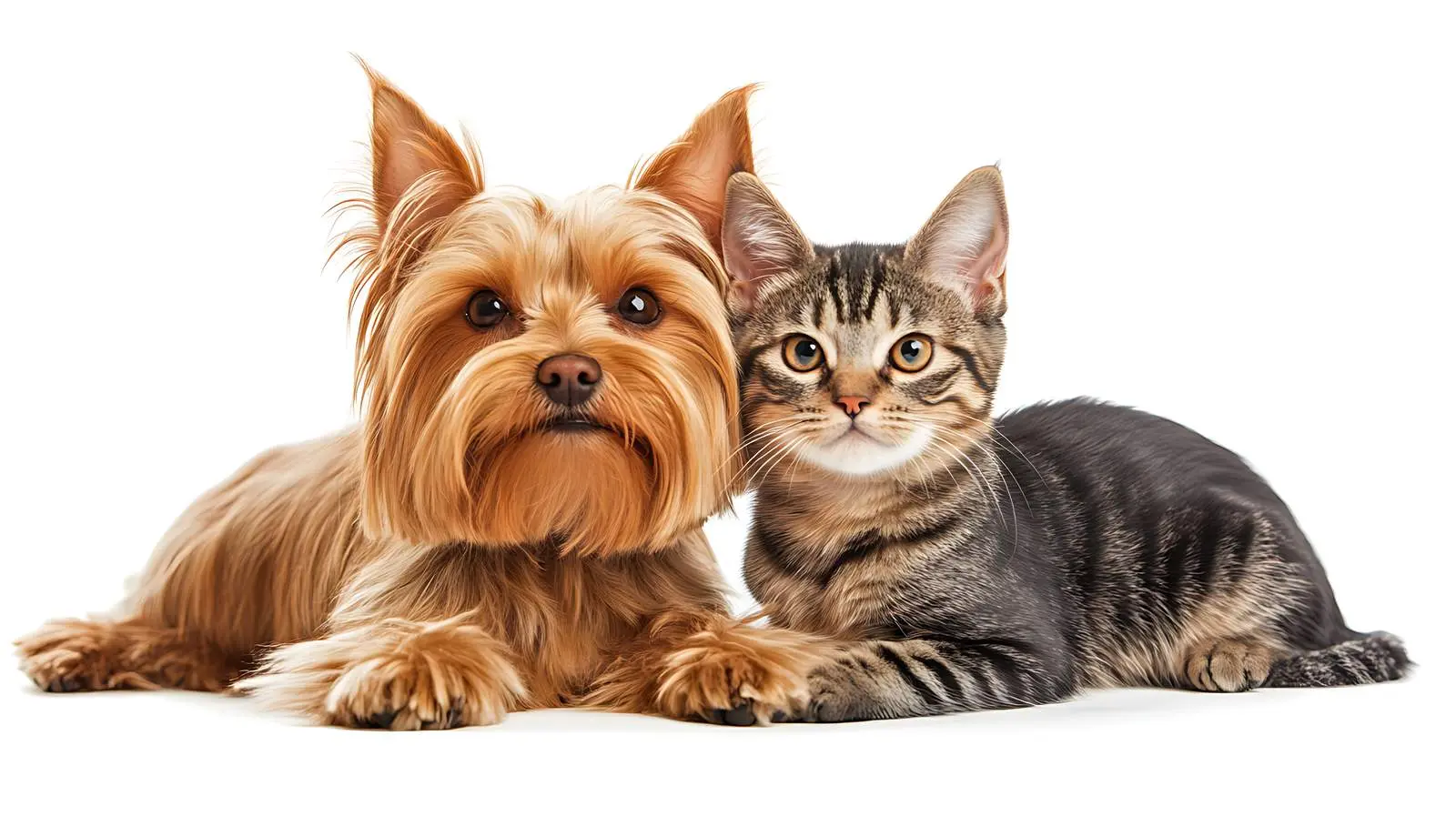 Funny Yorkshire Terrier Portrait with Scottish Cat — free download from Dotvec