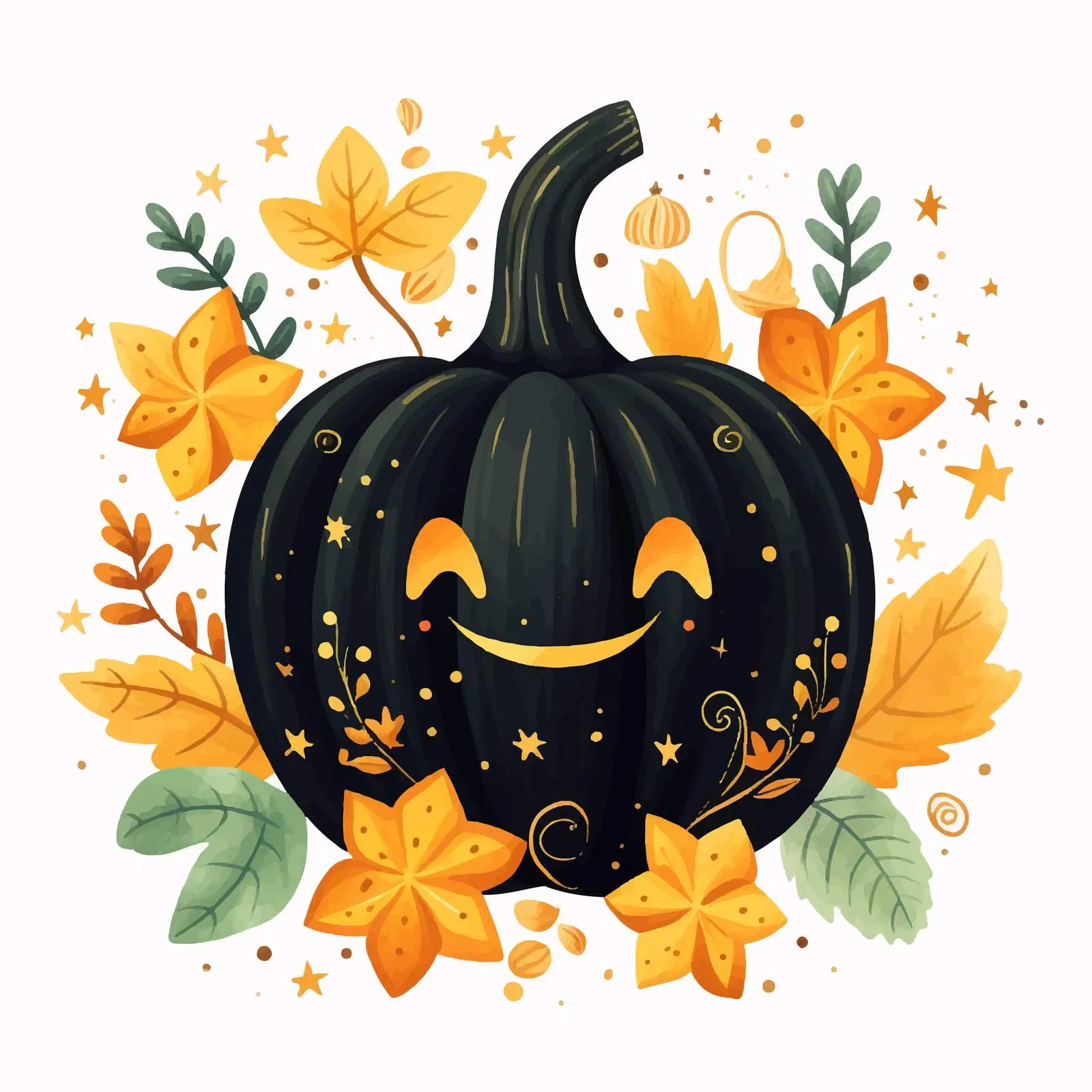 Boho Halloween Pumpkin with Leaves and Stars — free download from Dotvec