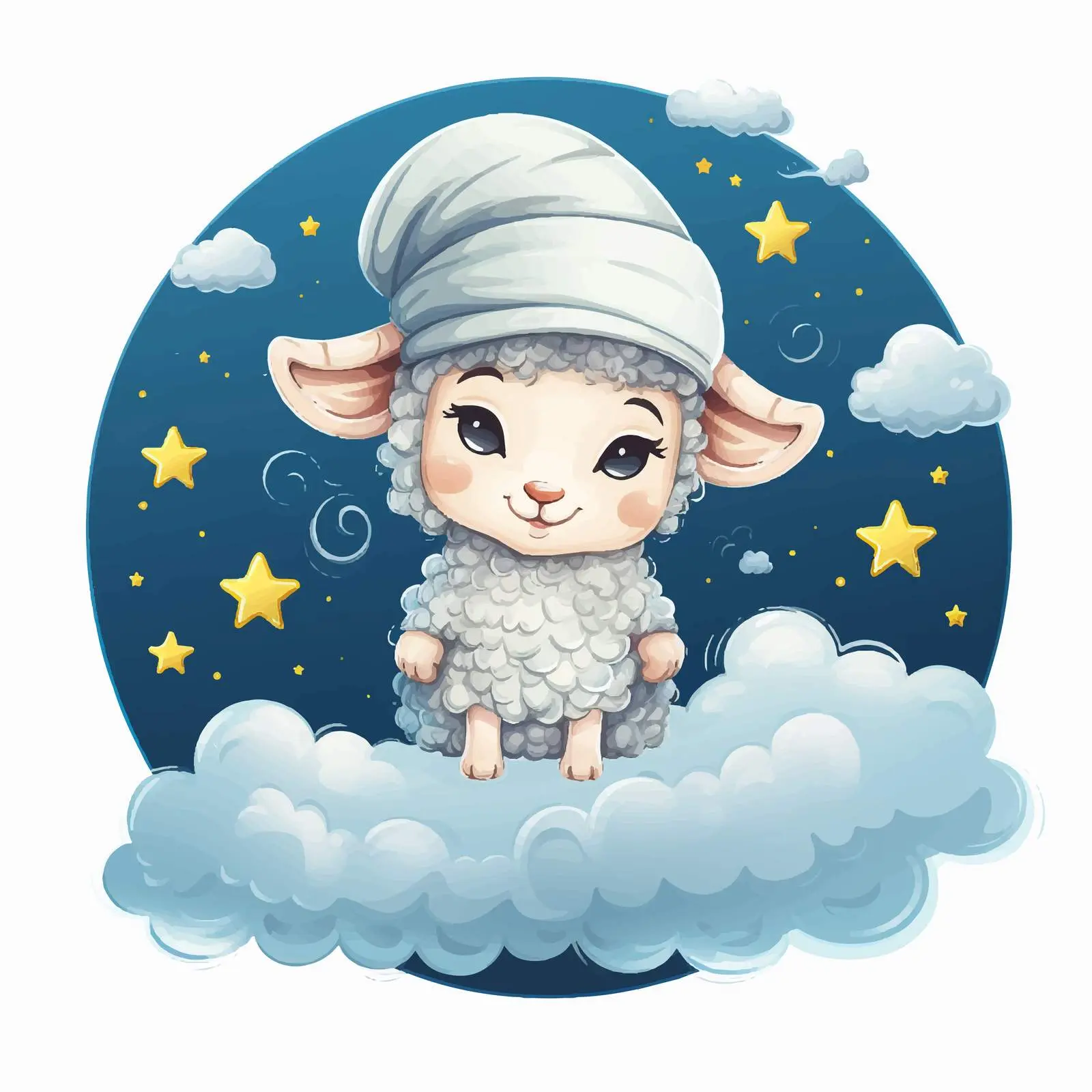 Whimsical Sheep in Hat on Cloud with Moon – free comical image from Dotvec