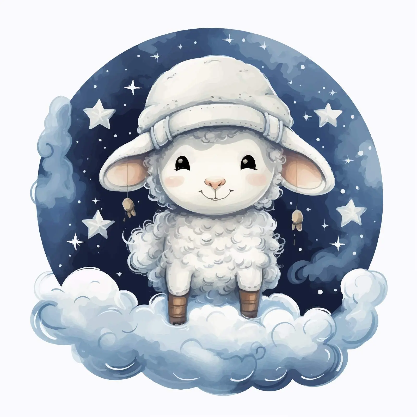 Whimsical Sheep in Hat on Cloud at Night – free charming design image from Dotvec